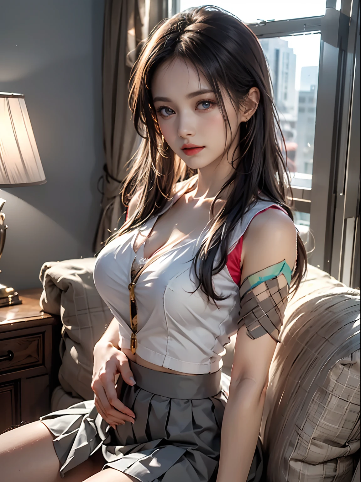 masutepiece,Best Quality,offcial art,extremely detailed CG unified 8k wallpaper, (nffsw:1.4), (Cinematic), (PastelColors, dim colors, Soothing tones:1.3), (Natural Skin Texture, hyperphotorealism, Soft light, sharp),(Extremely detailed), Professional Lighting, Radio City,((1girll,20yr old)), inside bedroom, cold light,Best Quality, Lots of details, masutepiece, Ultra-detailed, Illustration, extremely delicate and beautiful girl, Beautiful detailed eyes,8K_wall-paper,Beautiful detailed girl, looking at viewert, hair messy, Large breasts, ((focus on chest)), ((Sheer white vest, side breasts,areola of breast,High waist pleated skirt,The reveal panties,Camel toes)),Sit sideways on the couch,ssmile,Seen from the side