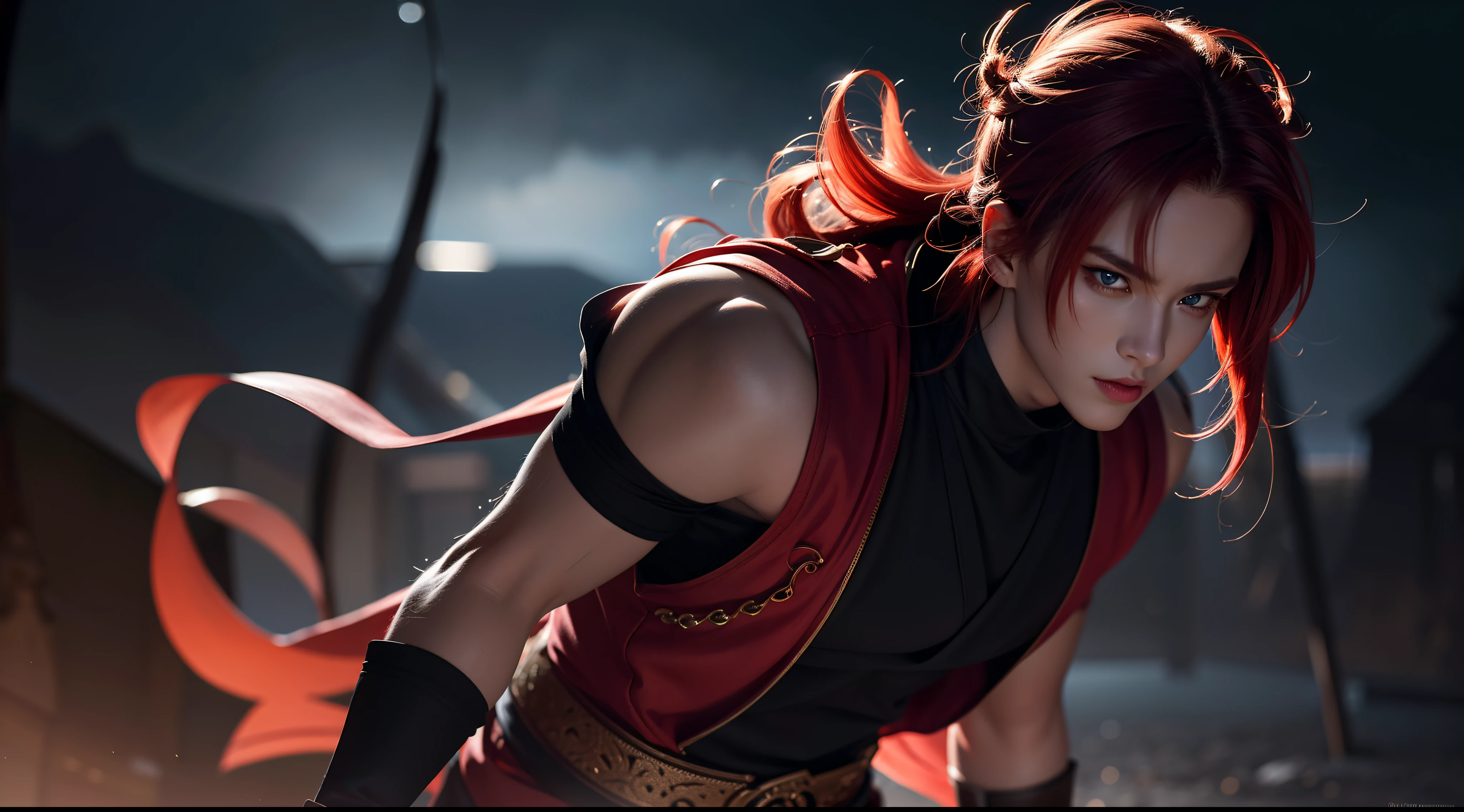 An 8k masterpiece, Highest resolution, Every detail, Meticulous details, Depth of field, bright colors, Nice layout: takes on a gorgeous Gohan anime character with brilliant red hair and beautifully detailed glowing eyes, standing on a dark and ominous background. This handsome demon slayer is the epitome of the bad guys in the fantasy art world.