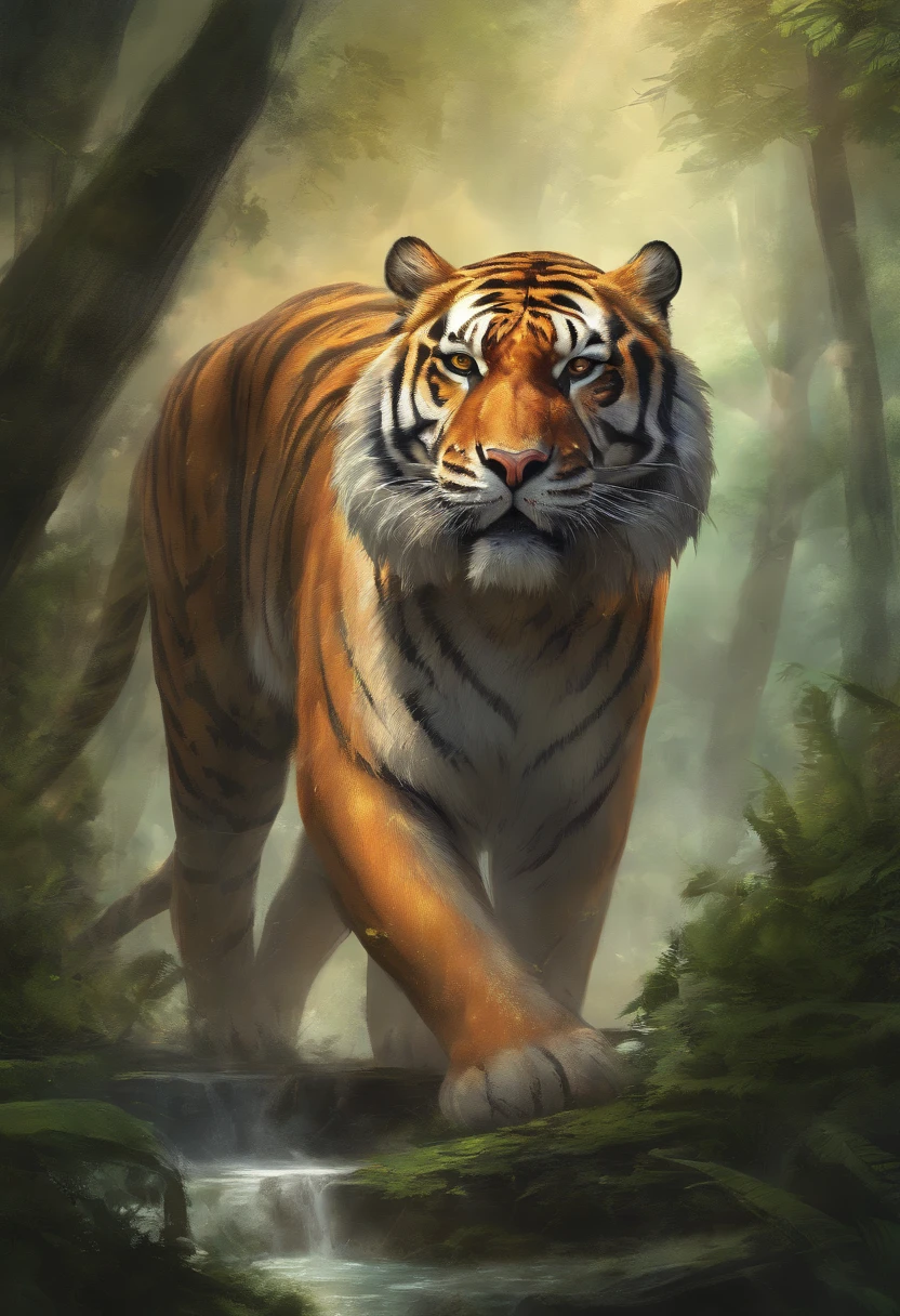 (best quality,4k,8k,highres,masterpiece:1.2),ultra-detailed,(realistic,photorealistic,photo-realistic:1.37),a muscular tiger in a forest,strong and powerful,fierce gaze,graceful movements,striking orange fur with black stripes,sharp claws and teeth,lush green foliage in the background,sunlight streaming through the trees,setting a mystical atmosphere,subtle mist creating an ethereal ambiance,serene and tranquil environment,perfect balance between strength and beauty,impressive attention to detail,impressionistic painting style.
