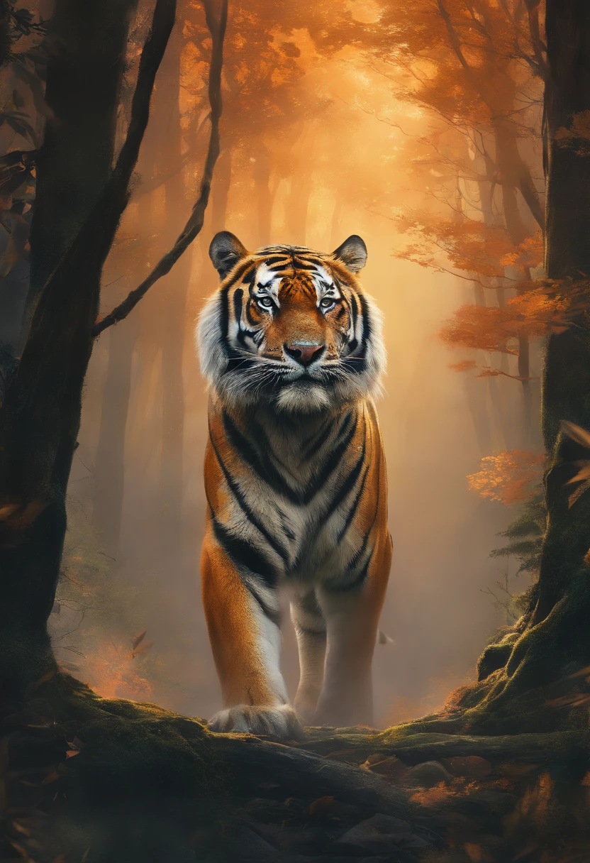 (best quality,4k,8k,highres,masterpiece:1.2),ultra-detailed,(realistic,photorealistic,photo-realistic:1.37),a muscular tiger in a forest,strong and powerful,fierce gaze,graceful movements,striking orange fur with black stripes,sharp claws and teeth,lush green foliage in the background,sunlight streaming through the trees,setting a mystical atmosphere,subtle mist creating an ethereal ambiance,serene and tranquil environment,perfect balance between strength and beauty,impressive attention to detail,impressionistic painting style.