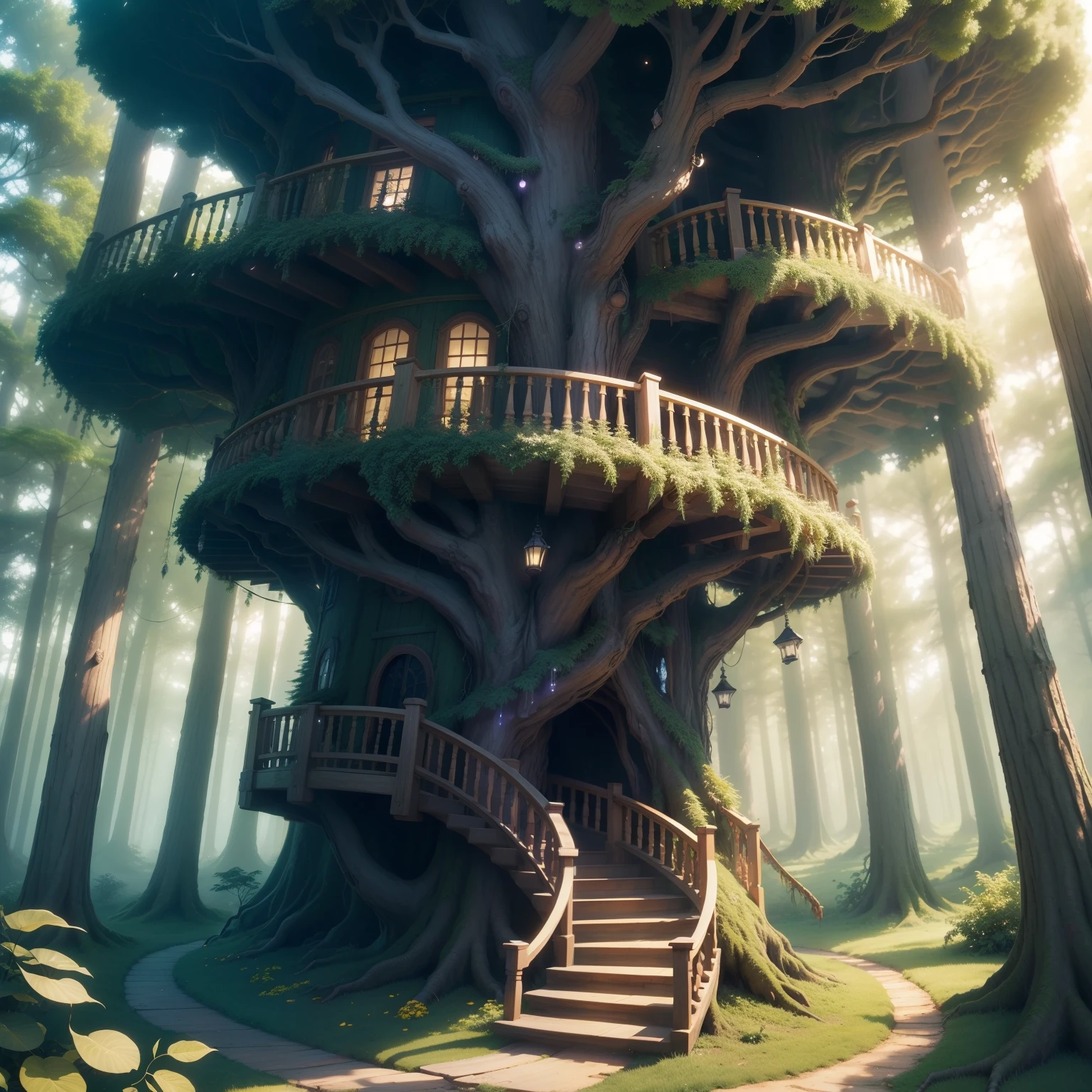 Large trees entwined with plant rings., Little people., Round ornamental tree house, Suspension bridge between tree houses, The staircase is carved with tree bark., bug, Particles glitter in the air., Fairytale Forest, Green, lam, yellow, purple