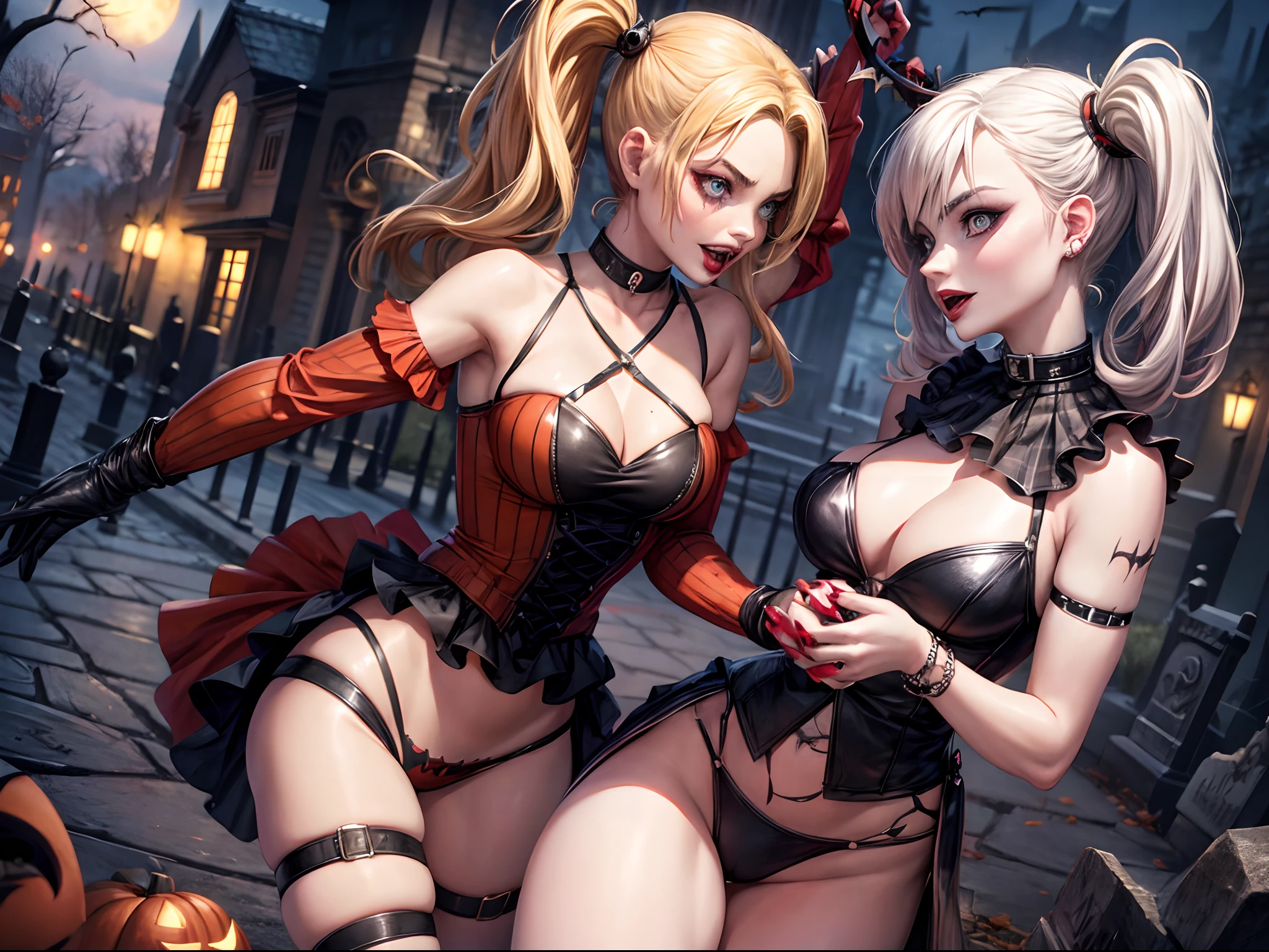 Harley Quinn, Margot Robbie, psychotic, Halloween, Evil, scary graveyard background