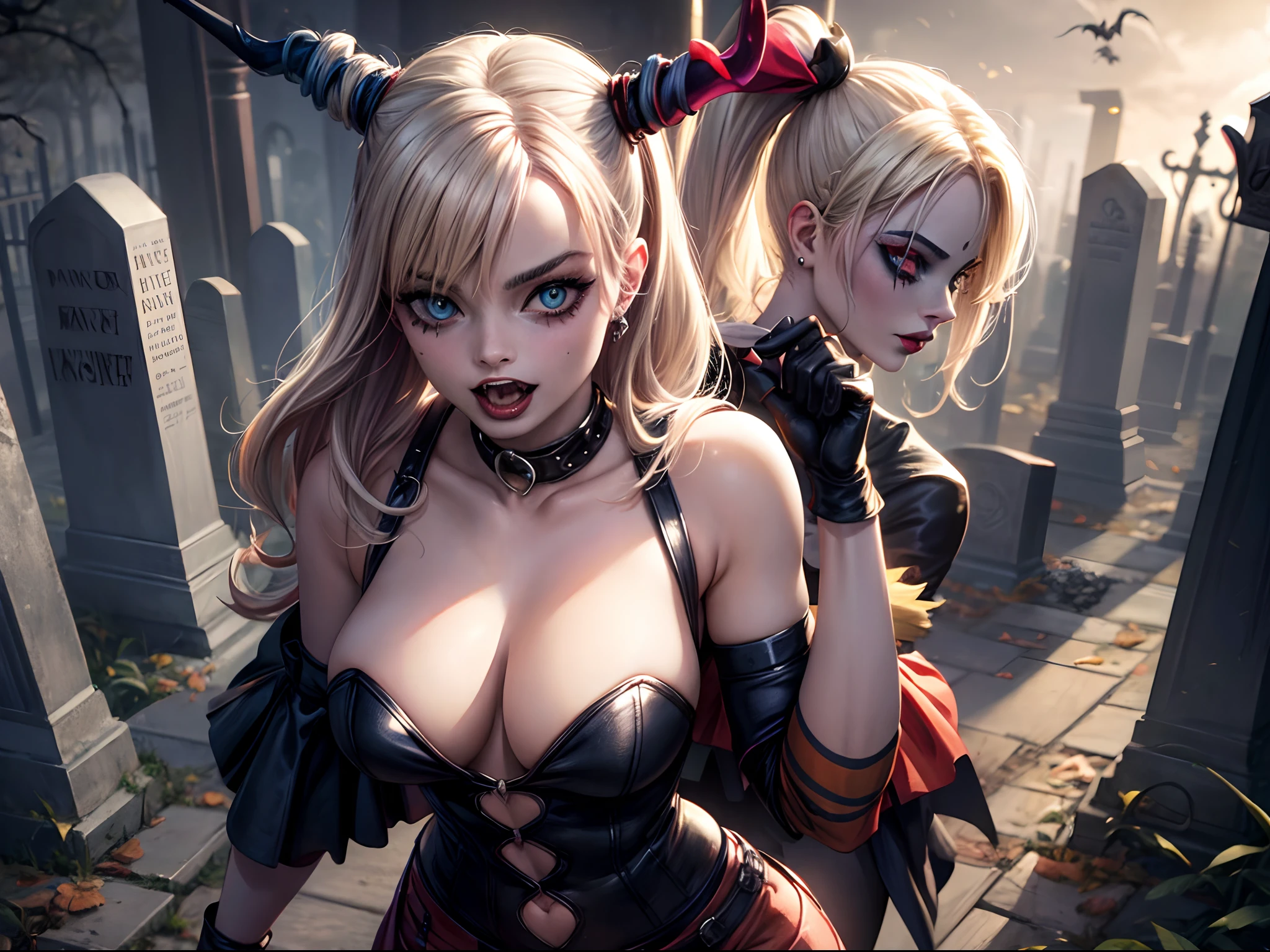 Harley Quinn, Margot Robbie, psychotic, Halloween, Evil, scary graveyard background