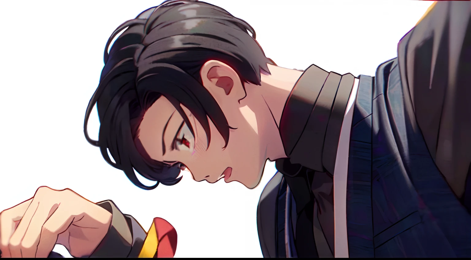 masterpiece, (1Man), luci, red eyes, black hair,(black shirt), (red necktie), (red vest), (surprised, sad), (side view), hand reaching, white background