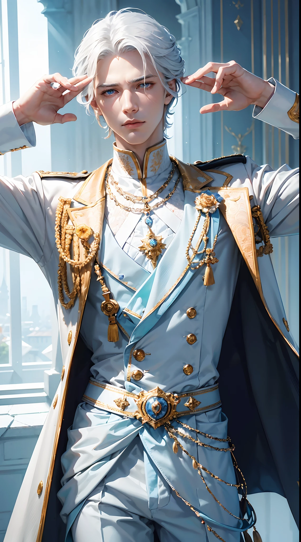 Royal man, (((elegant pose)))young noble man, silver hair, light blue eyes, tall and handsome body posture, handsome face, European nobleman, white noble uniform, His shirt has a royal unicorn logo on it. pose holding a rose while saluting the nobleman, mansion background. HD color and balance, dark atmosphere with many effects.