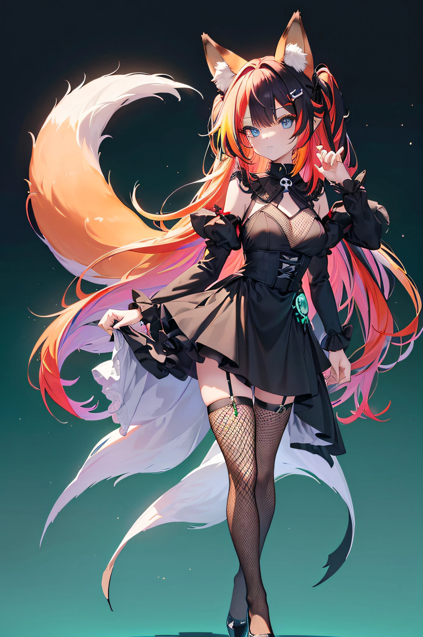 masterpiece, best quality, super fine illustration, perfect ???????, perfect eyes, correct ???????, perfect proportion, perfect face, perfect hands, perfect legs, perfect fingers, perfect hands, professional lighting, best quality, ultra detailed, extremely delicate and beautiful, 4k, 8k,,1girl, fox girl, (((multicolored hair:1.2)(black 1.1)(red 1.1), fox ears, long hair, fox tail, black dress, fishnet stockings, cute expression, perfect skull hair clip, blue eyes, full body, solid green background, fantasy