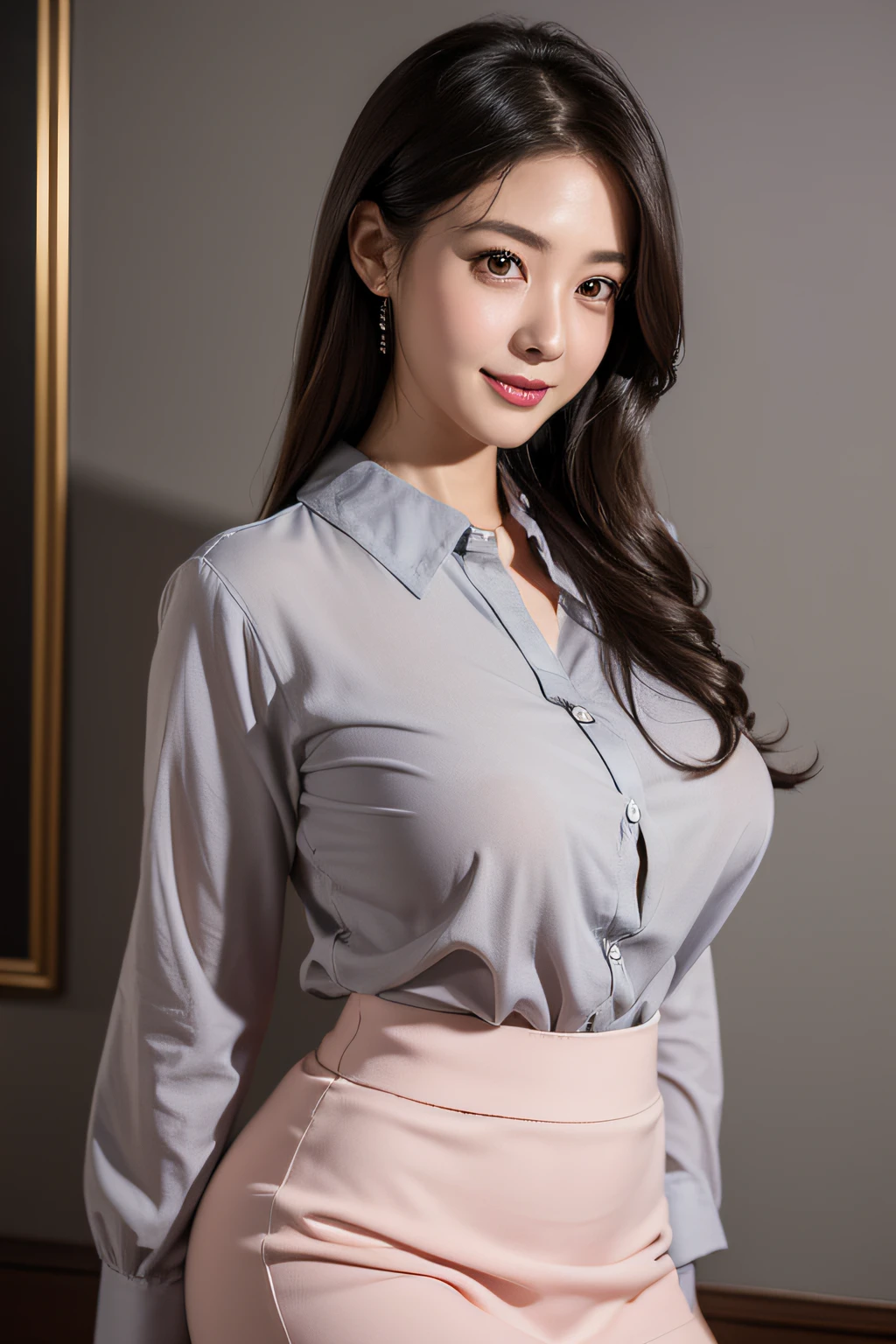 Japan Married Woman、50 generations、Delicate facial features、(Big eyes:1.4), Brown-eyed、Brunette Short Bob, (Toothy smile)、((large full breasts))、(Curve:1.3), a captivating gaze、Office at night、See-through grey shirt、Pink micro mini skirt、Realistic backgrounds and accessories、Celebrity Interiors、Standing Sexy Pose、Cowboy Shot、(Advanced depth of field)、((masterpiece))、((top-quality))、a picture、Realisticity、high-level image quality、ultra-detailliert、Realistic lighting
