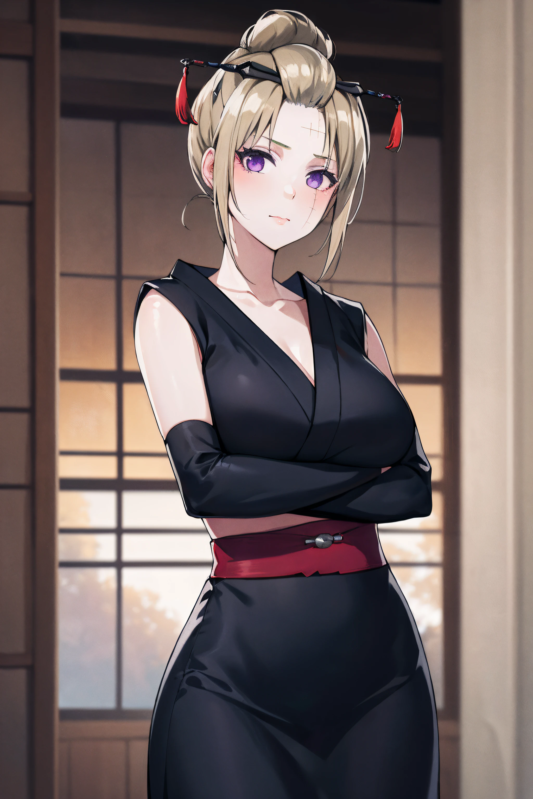 (masterpiece, best quality:1.2), cowboy shot, solo, 1girl, tsukuyo, scar on cheek, expressionless, closed mouth, looking at viewer, crossed arms, folded ponytail, hair ornament, purple eyes, japanese clothes, black kimono, sleeveless, detached sleeves,NSFW,official art,extremely detailed CG unity 8k wallpaper, perfect lighting, (masterpiece:1.0),(best_quality:1.0), ultra high res,4K,ultra-detailed, photography, 8K, HDR, highres, absurdres:1.2, Kodak portra 400, film grain, blurry background, bokeh:1.2, lens flare, (vibrant_color:1.2),(beautiful_face:1.5),(narrow_waist),(perfect hands, perfect anatomy),