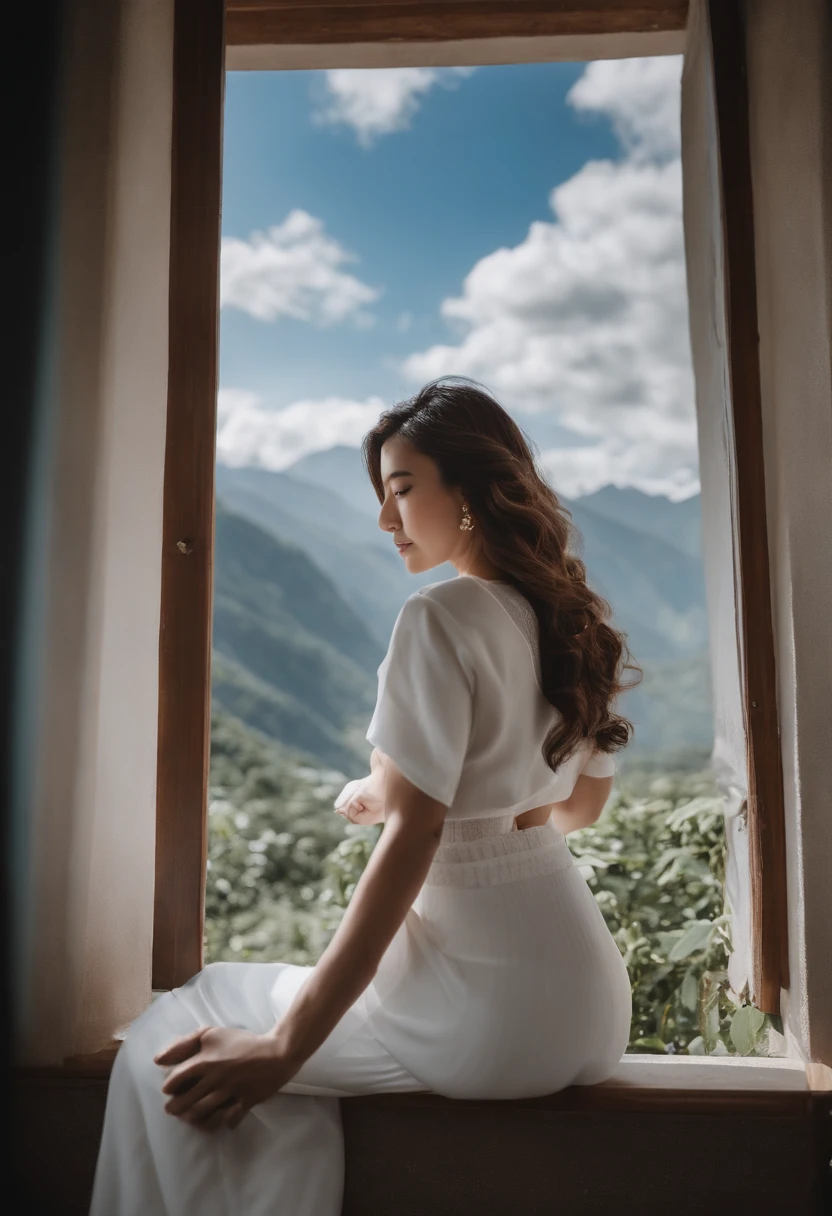 best qualtiy,tmasterpiece,超高分辨率,(真实感:1.4),RAW photogr,1girll,Blue sky and white clouds,Glowing skin:0.8,Light smile, White yoga pants, Shoot from behind, whitet-shirt , ass egg , outside,mountain peaks,24mm