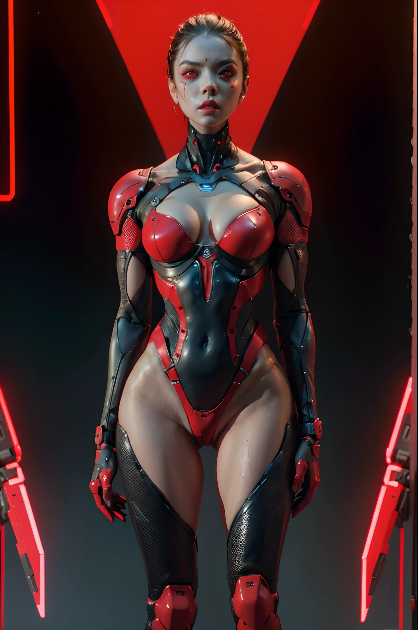 Mujer cyborg con un leotardo futurista, cuerpo perfecto, Piezas de robot, Ojos rojos brillantes, Red Minimal Background, Cara perfecta, aesthetic cyberpunk, Cyberpunk de terror, Darksynth Aesthetics, red neon lights, Neones rojos, Ultra detallado, fotorrealista, Obra maestra.