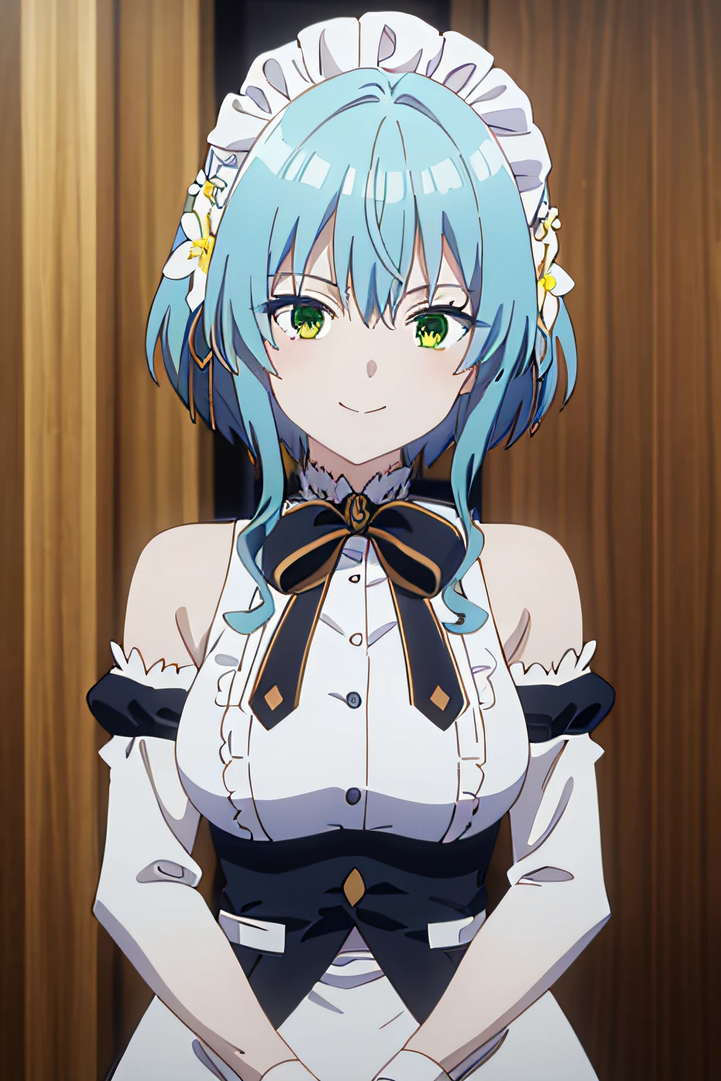 VILLHAZE, 1GIRL, BLUE HAIR, SHORT HAIR, BANGS, GREEN EYES , HAIR BETWEEN EYES, HAIR ORNAMENT, MAID HEADDRESS, HAIR FLOWER, SIDELOCKS, MEDIUM BREASTS, WHITE SHIRT, FRILLED SHIRT, NECK RIBBON, BARE SHOULDERS, DETACHED SLEEVES, PUFFY SLEEVES, LONG SLEEVES, BLACK SLEEVES, MAID, WAIST APRON, BLACK SKIRT, 1girl, solo, facing viewer, looking at viewer, upper body, smile.