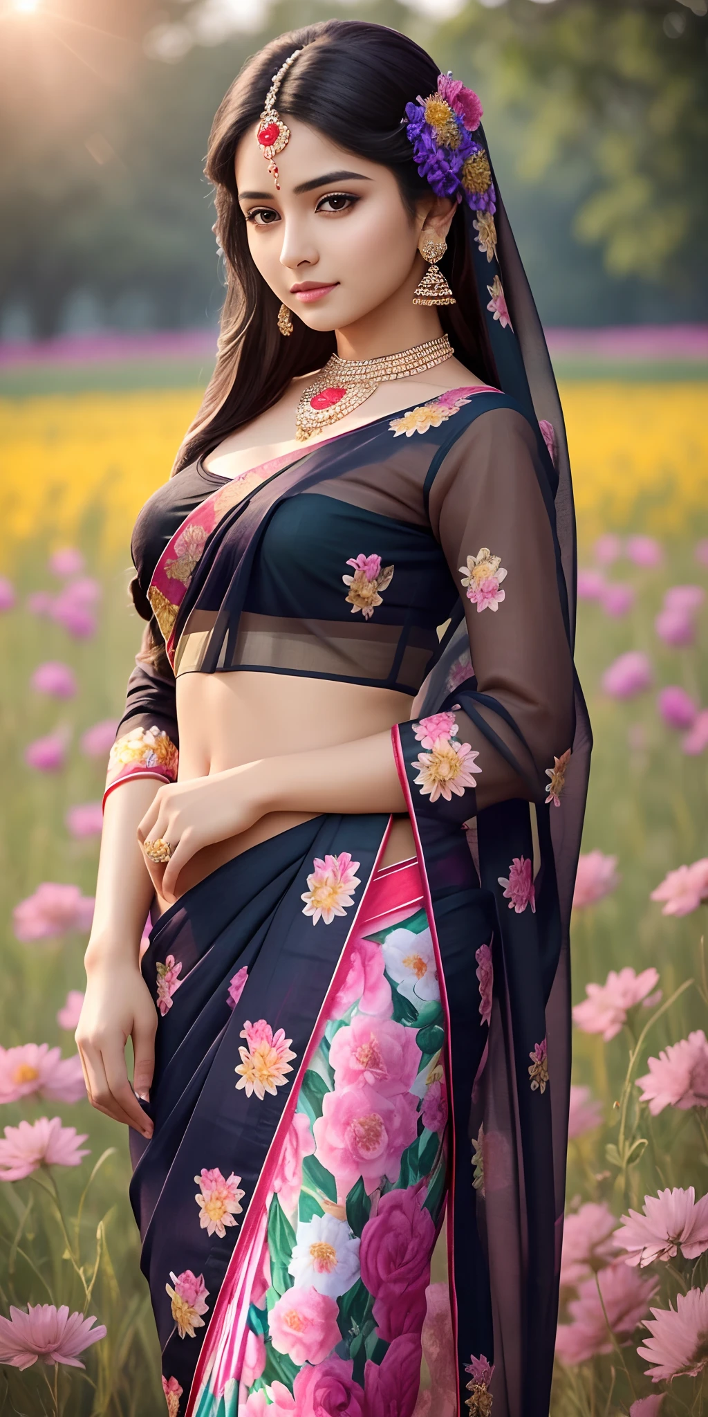 A beautiful girl stands in a field of vibrant flowers, her black saree flowing in the gentle breeze. The warm sunshine illuminates her features, highlighting her intelligence and allure. The ultra HD clarity of the photograph captures every detail of her flawless appearance, making in a true masterpiece. --auto --s2