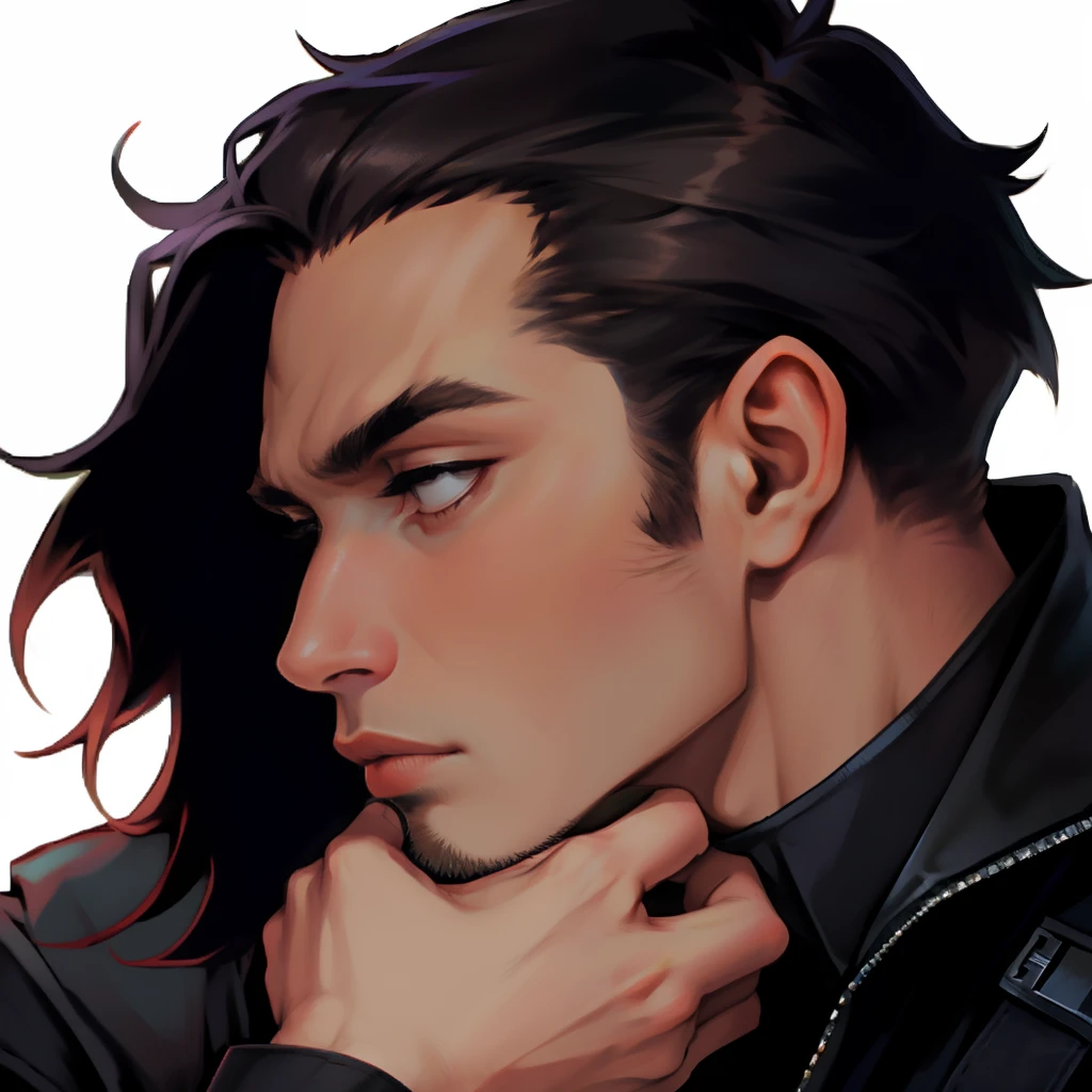 detaileds,Elaborate details,chiseled face,male people,well-muscled,Dark hair,Clear outline,appearance々From an angle,profile,Hands on the neck,