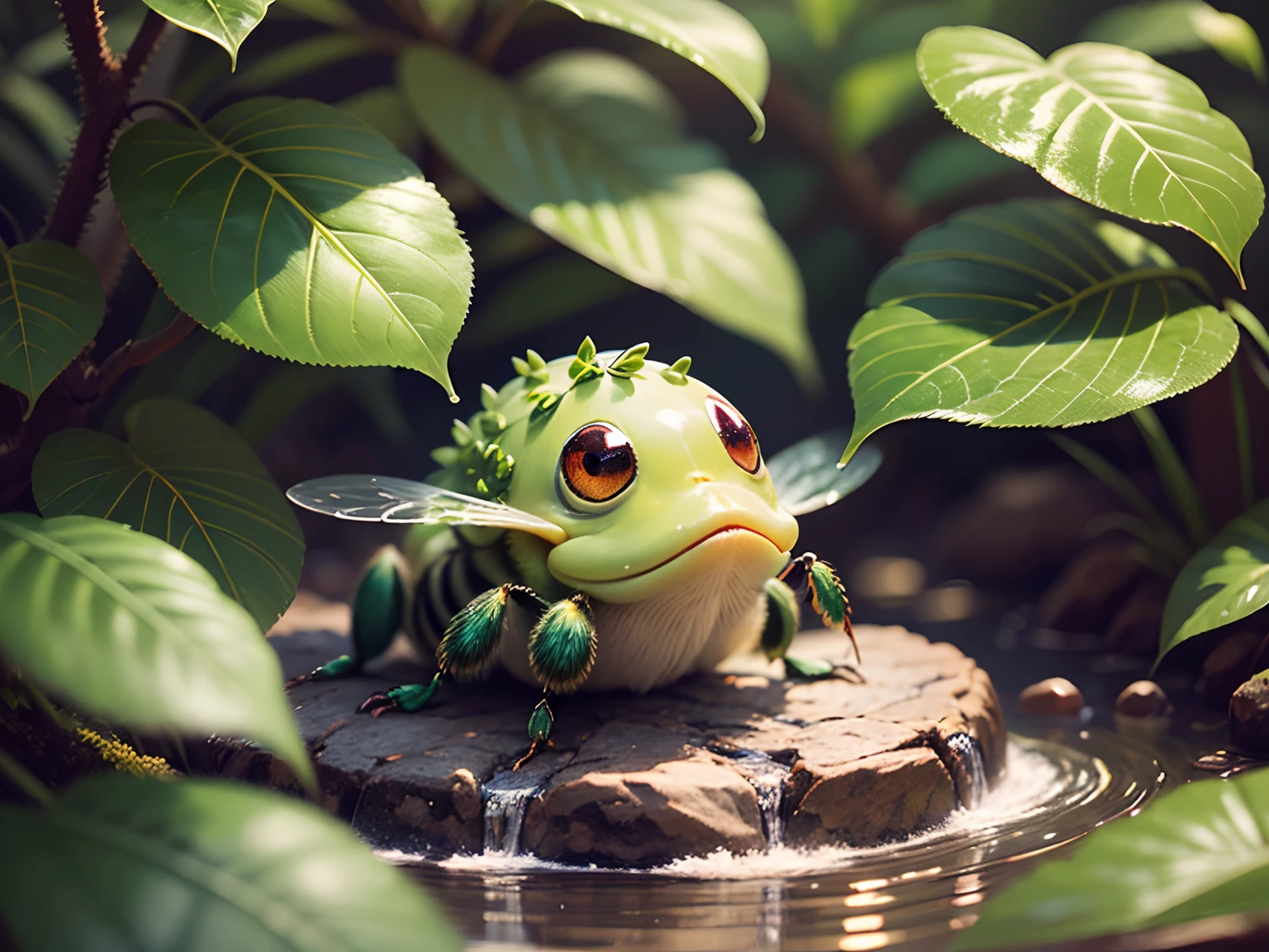 Best Quality, masutepiece, excellent, The little monster of the sealed bee, in the  jungle, the panorama, Subject in the middle of the frame, The Great Movement, Friendly expressions, non-human (Water attribute 1.2), flat (1.4), Texture, Dark simple background --auto --s2