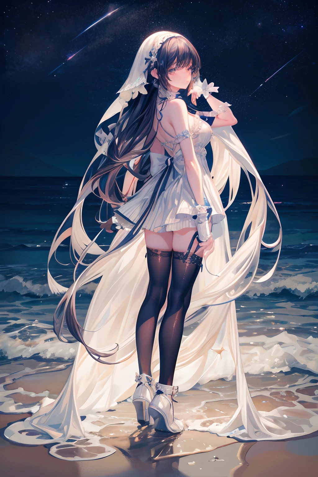 Masterpiece, Best quality, Night, stars, On the beach, Real, Realistic, incredibly_absurderes, the wallpaper, monochrome, traditional_Mediums, Girl, Long hair, Wavy hair, Small breasts, Revealing dress, white thighhighs, pendant, jewelry, Fingerless gloves, arms back behind ,