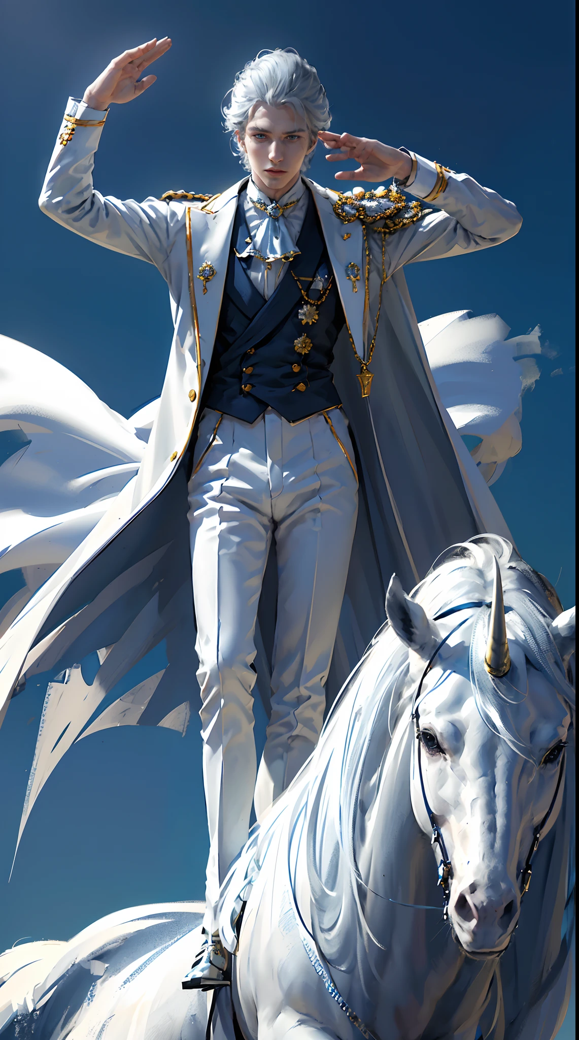 Royal man, (((elegant pose)))young noble man, silver hair, light blue eyes, tall and handsome body posture, handsome face, European nobleman, white noble uniform, His shirt has a royal unicorn logo on it. pose holding a rose while saluting the nobleman, mansion background. HD color and balance, dark atmosphere with many effects.