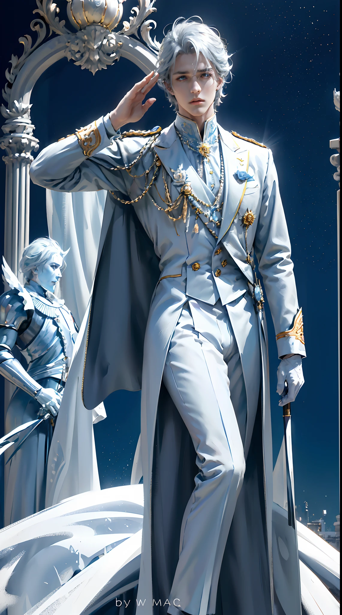 Royal man, (((elegant pose)))young noble man, silver hair, light blue eyes, tall and handsome body posture, handsome face, European nobleman, white noble uniform, His shirt has a royal unicorn logo on it. pose holding a rose while saluting the nobleman, mansion background. HD color and balance, dark atmosphere with many effects.