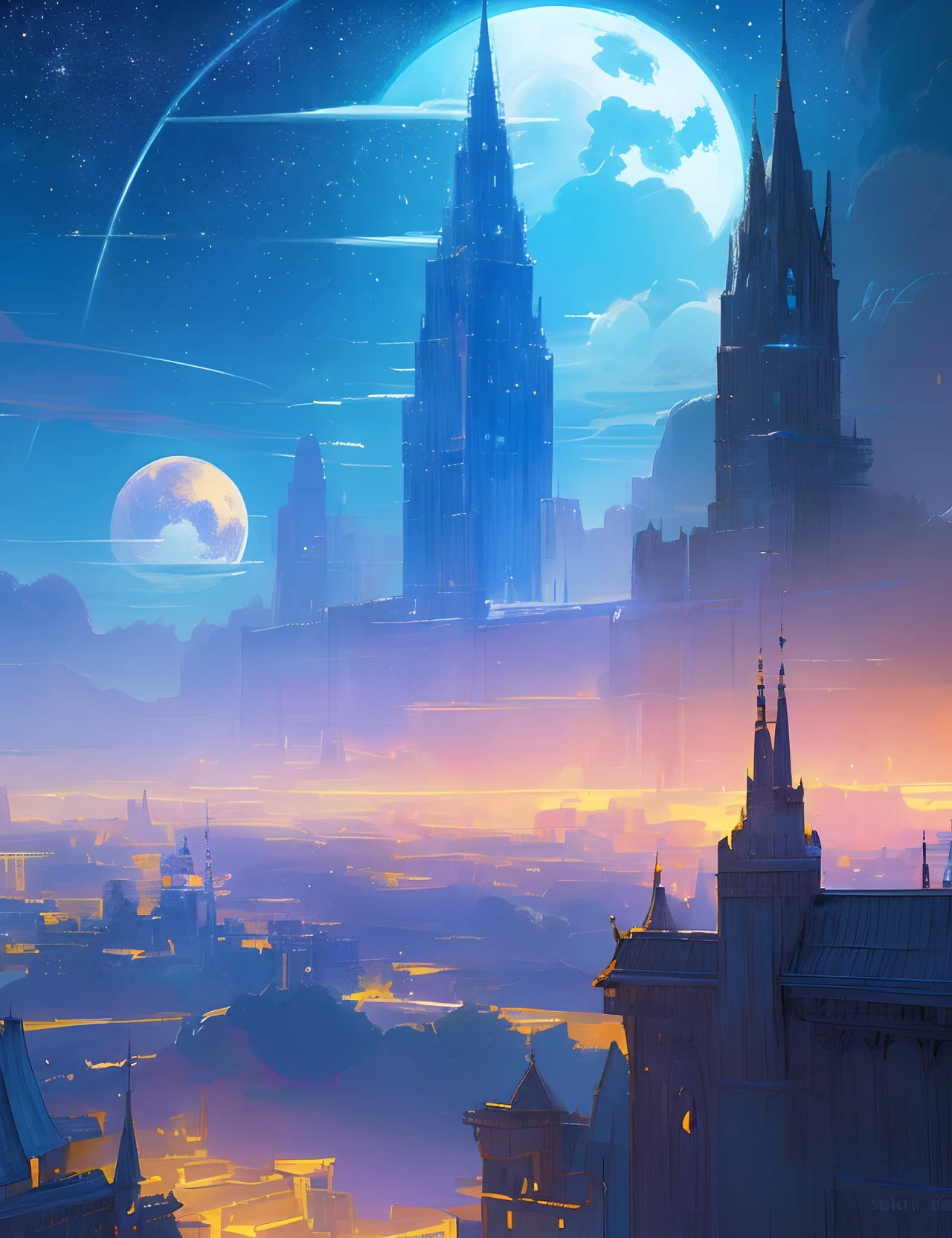 the met、Painting of a river with stars and moon in the sky、the met、Shining skyscrapers、Shine across the board、Skyscrapers、Concept art inspired by Mitsuoki Tosa、pixiv contest winners、top-quality、Fantasyart、beautiful anime scene、Bright moon、Moonlit star environment、Dream painting、Anime Background Art、Fantasy landscape art、fantasy knight、anime backgrounds、background artwork、Fantastic art、atmospheric anime、starrysky、Detail has been enhanced。