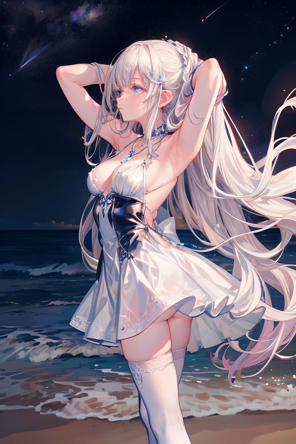 Masterpiece, Best quality, Night, stars, On the beach, Real, Realistic, incredibly_absurderes, the wallpaper, monochrome, traditional_Mediums, Girl, Long hair, Wavy hair, Small breasts, Revealing dress, white thighhighs, pendant, jewelry, Fingerless gloves, arms back behind ,