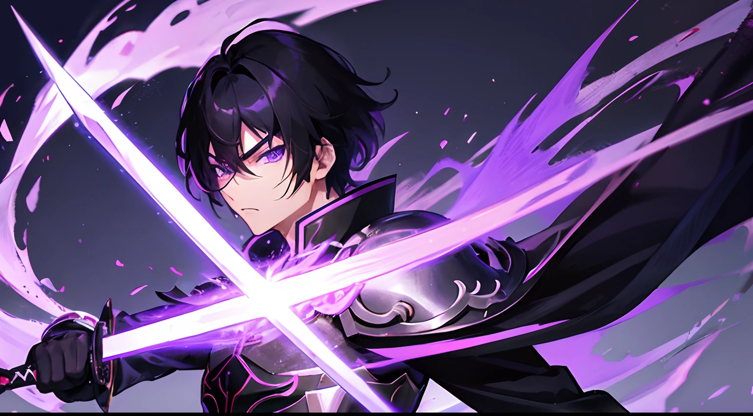 Asian anime male,teenager, purple eyes , black outfit armor medieval, black hair anime asian, using magic and sword, top quality, 8k quality, handsome,cool,badass, demonic dark aura, no beard, no pixelated, ultra hd, no blur