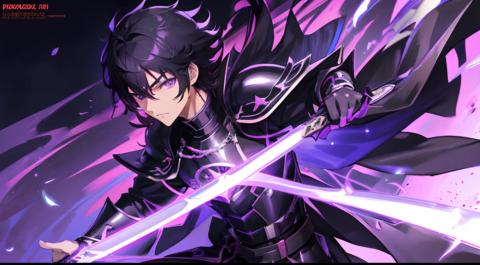 Asian anime male,ager, purple eyes , black outfit armor medieval, black hair anime asian, using magic and sword, top quality, 8k quality, handsome,cool,badass, demonic dark aura, no beard, no pixelated, ultra hd, no blur