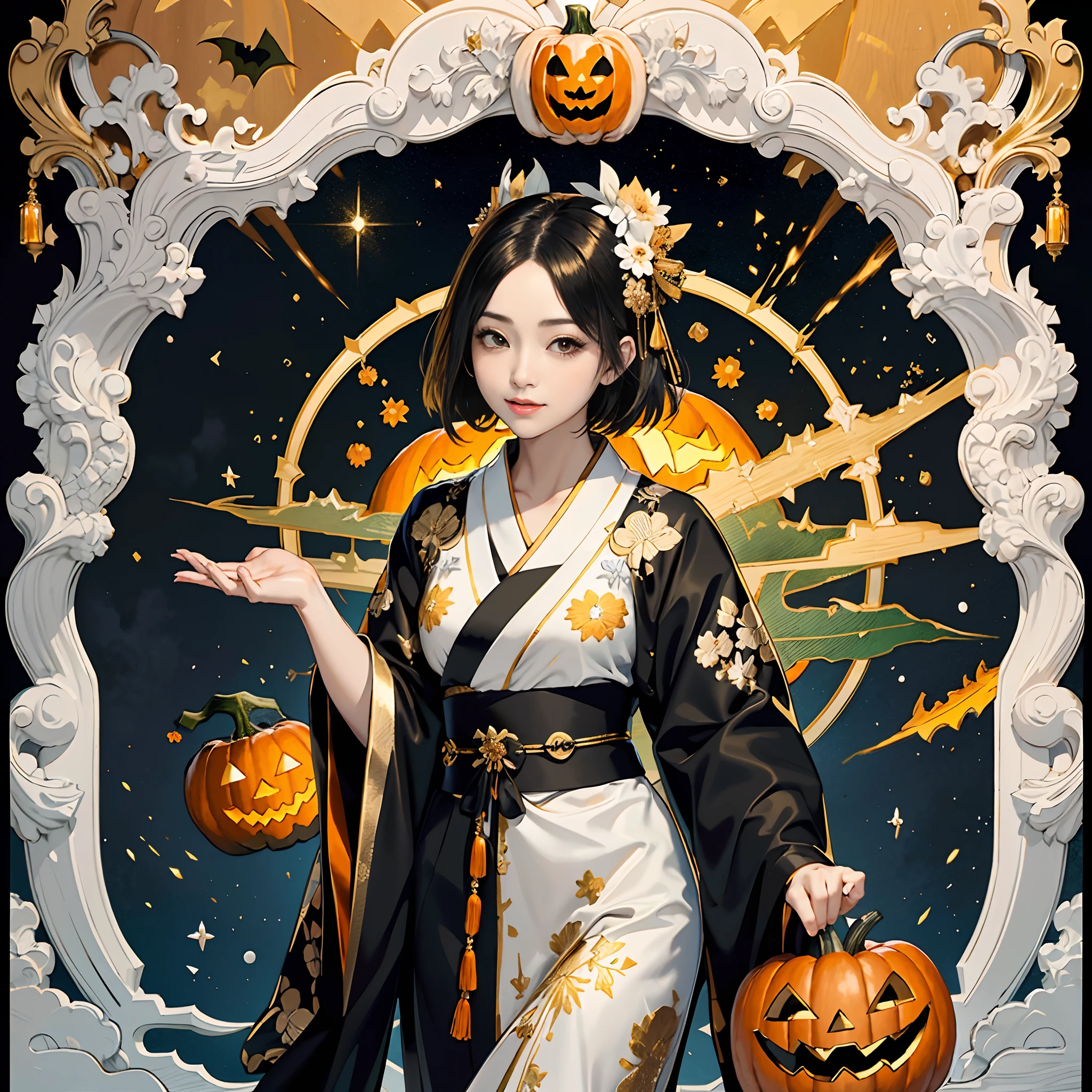 Background of details(Exploding Cities,halloween night),BREAK ,elaborate costume(Luxury kimono(Black kimono(detailed embroidery(blanche,golds)))),BREAK,(1 Beautiful and classy adult woman(Shy smile:1.2)(Japanese actressl:1.2)(A dark-haired(short-hair:1.2))),(eye glass:1.2),((magia(Pumpkin in the right hand)(おばけ in the left hand)召喚):1.5),BREAK,Wallpapers 16K,Blur the background,)(masutepiece,Best Quality,Portrait photos):1.5),full body Esbianす