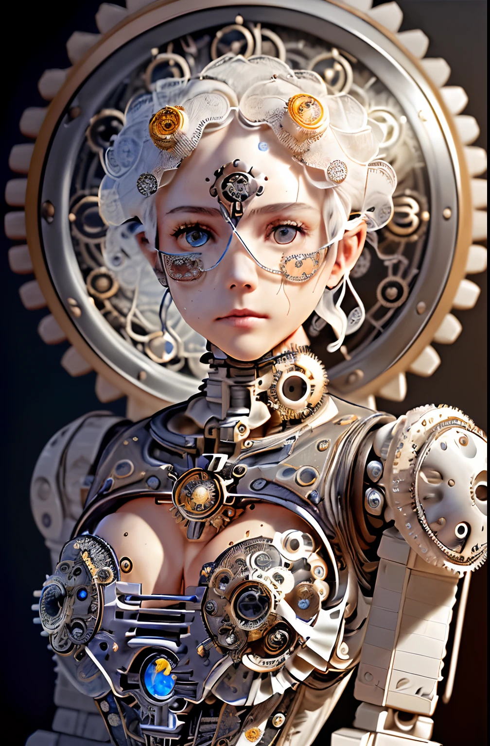 young girl, (intricate moon:1.1), (sweaty breasts:1.1),
(fine detailed intricate clockwork gears and robotic parts and tattered leather scraps overall:1.5), gears inside skull, (porcelain cyborg head:1.1),
platinum blond hair, cowboy shot, perfect arms, perfect body,
cowboy shot, (small breasts:1.5),
nice hands, perfect hands,
hyperdetailed painting, 4k resolution,
Soft Lighting, Photographic Realism,