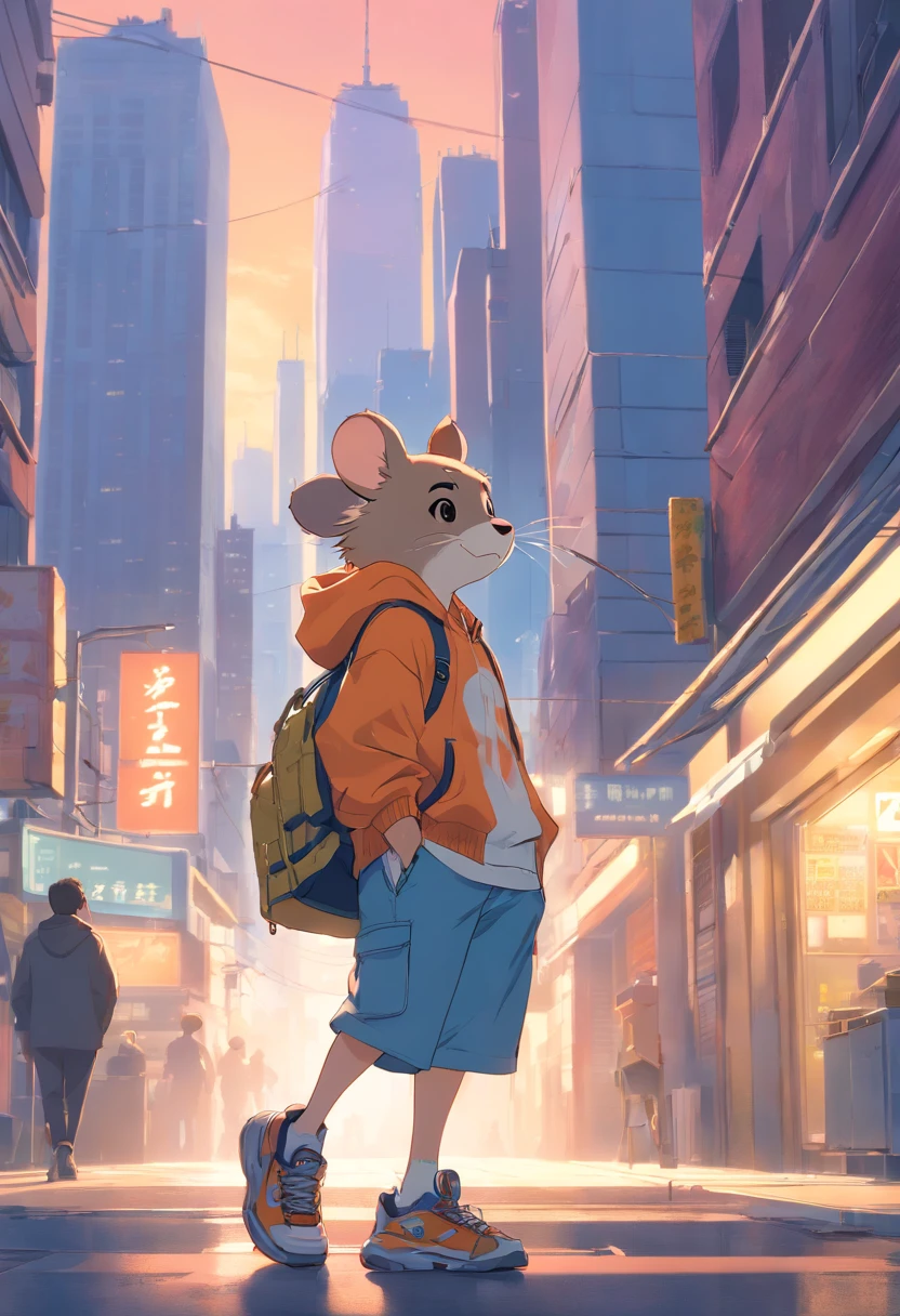 ((foto crua)), ((obra-prima)), Anthropomorphic humanoid rat wearing (roupas de streetwear), andando furiosamente entre as pessoas, detalhe intrincado, intricate Greebles pieces, city behind, corpo musculoso, (large muscles), muscular arms, (small head), Ogro monstruoso, Titan soft lighting, Hiper realista, soft-lighting, Ambiente sinistro