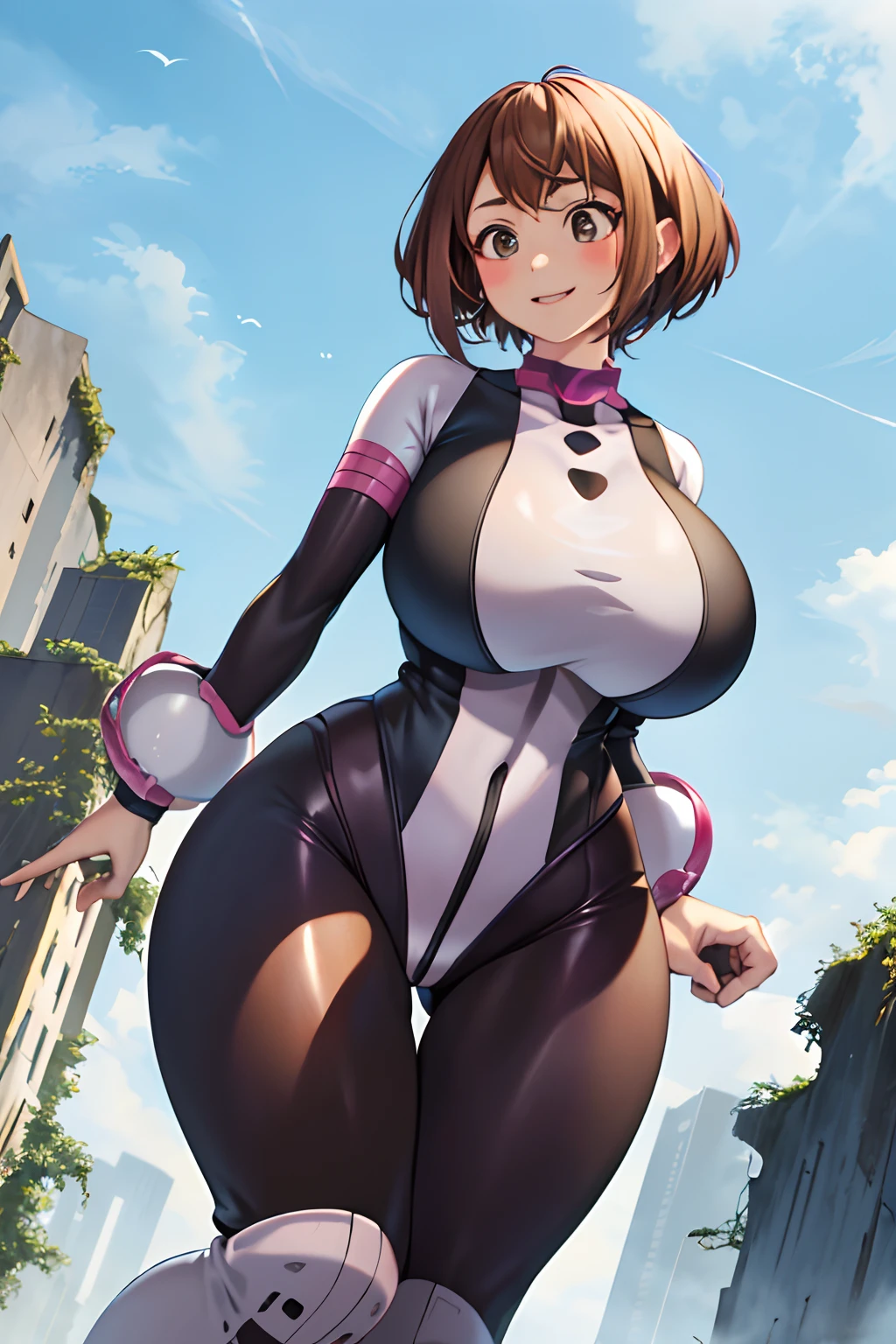 masterpiece, best quality, highres, hmochako, blush stickers, short hair, (((pixie cut 1.6))), huge breasts, superhero, bodysuit, boots, ruins, building, fighting stance,  hand on hip, wide hips, thick thighs ((curvy)), latex suit, sexy, smile, sensual, (((mature female 1.5))), PBR textures, from behind