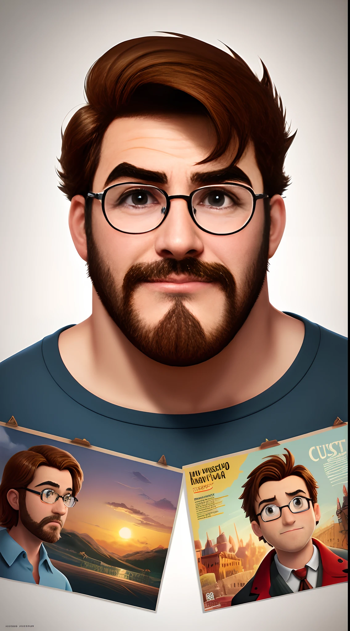 Create Disney Pixar Style Poster, homem de cabelo curto, cabelo castanho, barba, eyeglass, italiano, advogado.