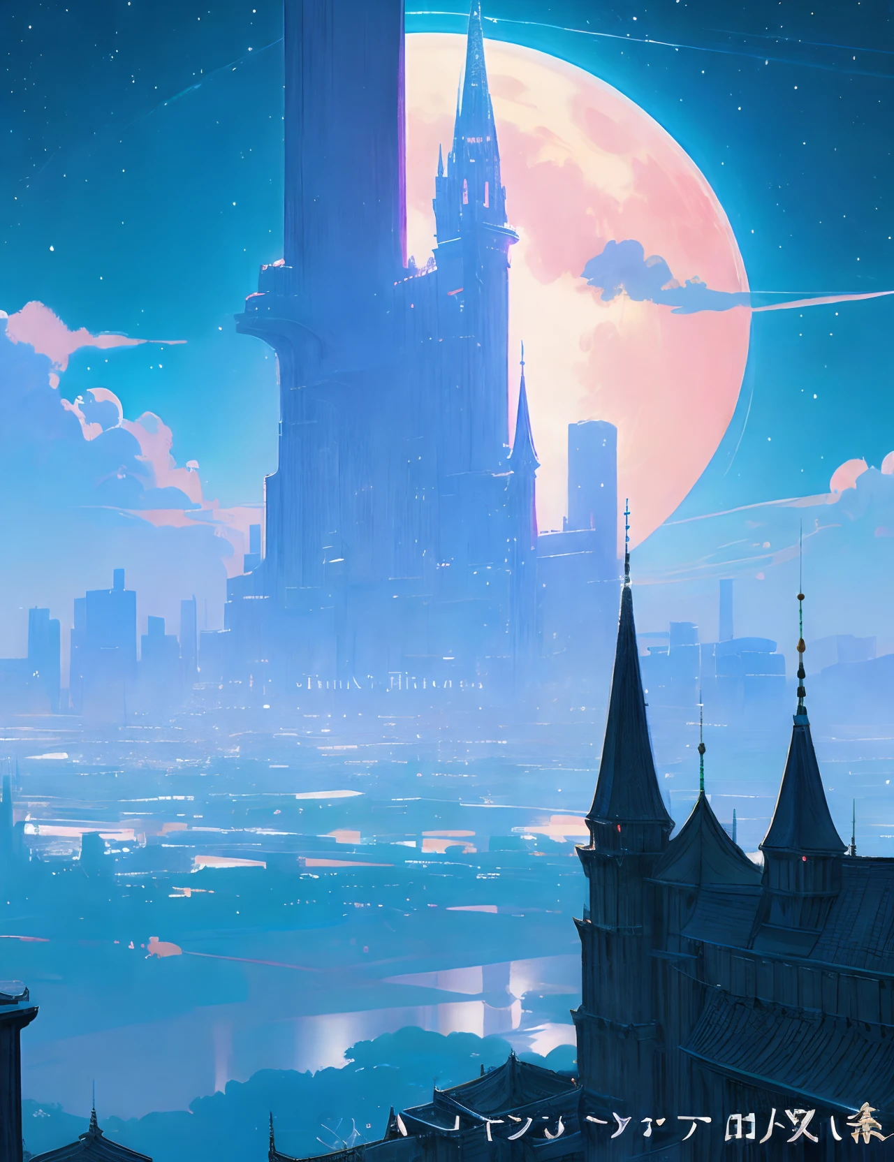 the met、Painting of a river with stars and moon in the sky、the met、Shining skyscrapers、Shine across the board、Skyscrapers、Concept art inspired by Mitsuoki Tosa、pixiv contest winners、top-quality、Fantasyart、beautiful anime scene、Bright moon、Moonlit star environment、Dream painting、Anime Background Art、Fantasy landscape art、fantasy knight、anime backgrounds、background artwork、Fantastic art、atmospheric anime、starrysky、Detail has been enhanced。