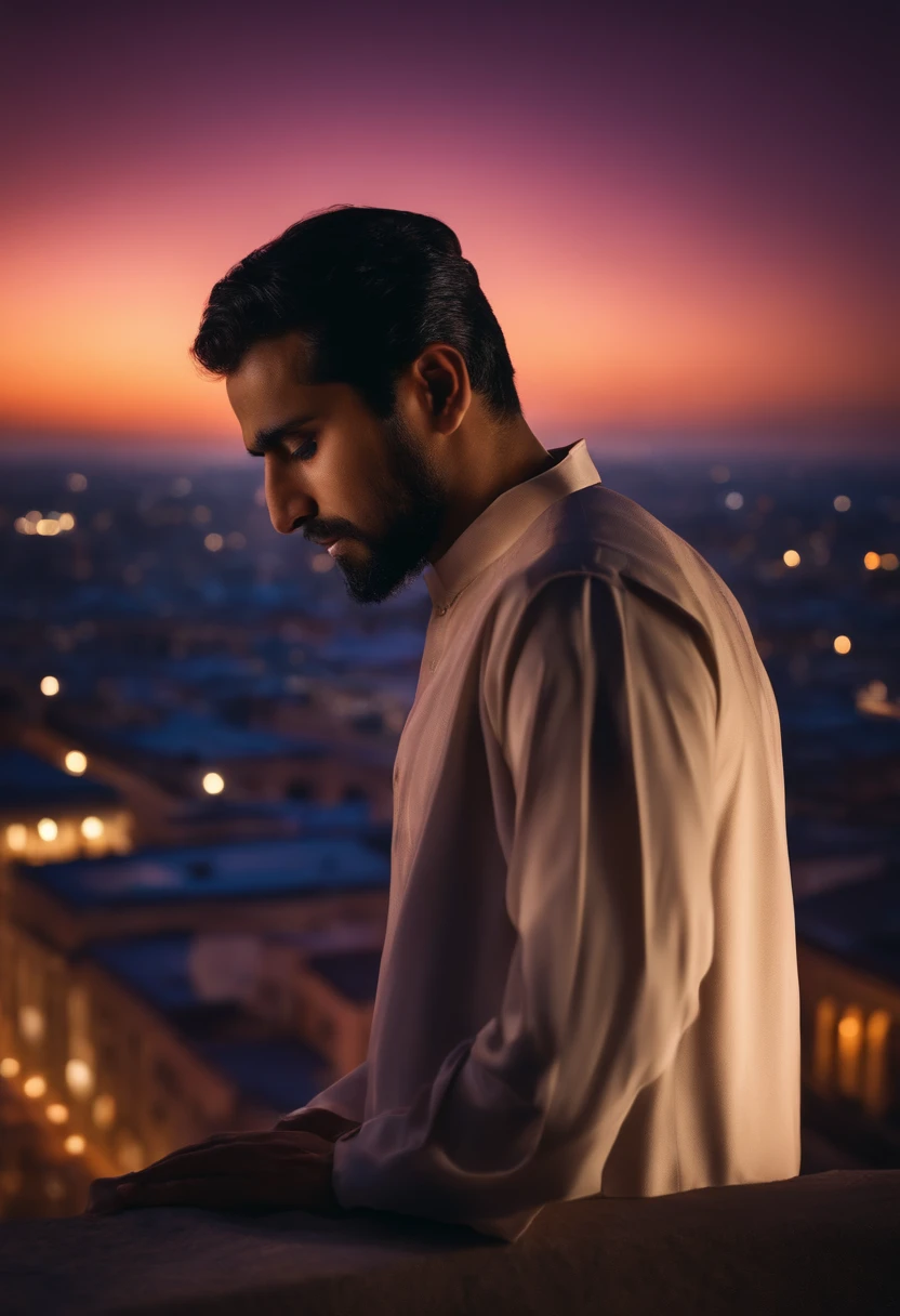muslim man standing on the top of building at night, beautiful, sad