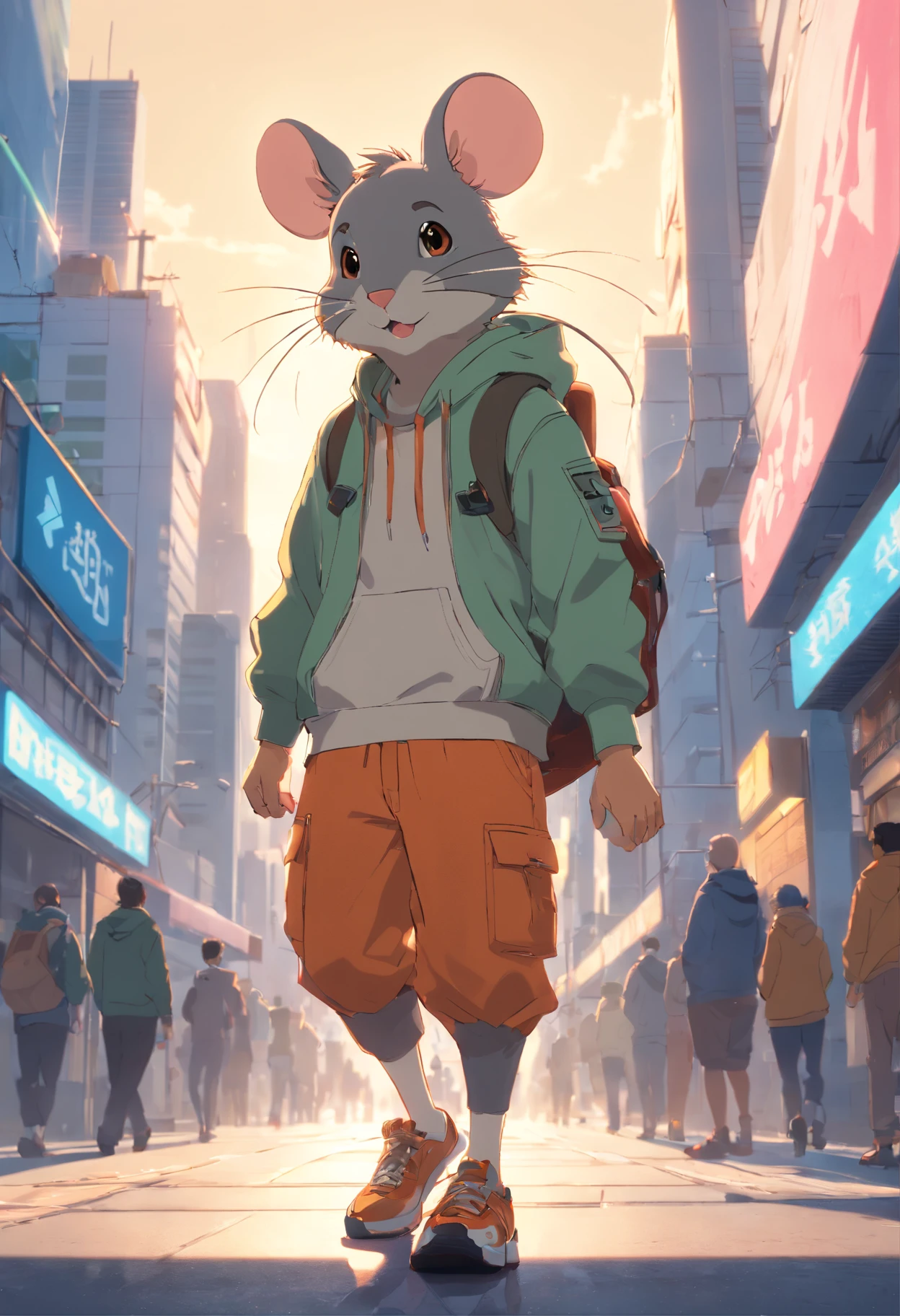 ((foto crua)), ((obra-prima)), Anthropomorphic humanoid rat wearing (roupas de streetwear), andando furiosamente entre as pessoas, detalhe intrincado, intricate Greebles pieces, city behind, corpo musculoso, (large muscles), muscular arms, (small head), Ogro monstruoso, Titan soft lighting, Hiper realista, soft-lighting, Ambiente sinistro