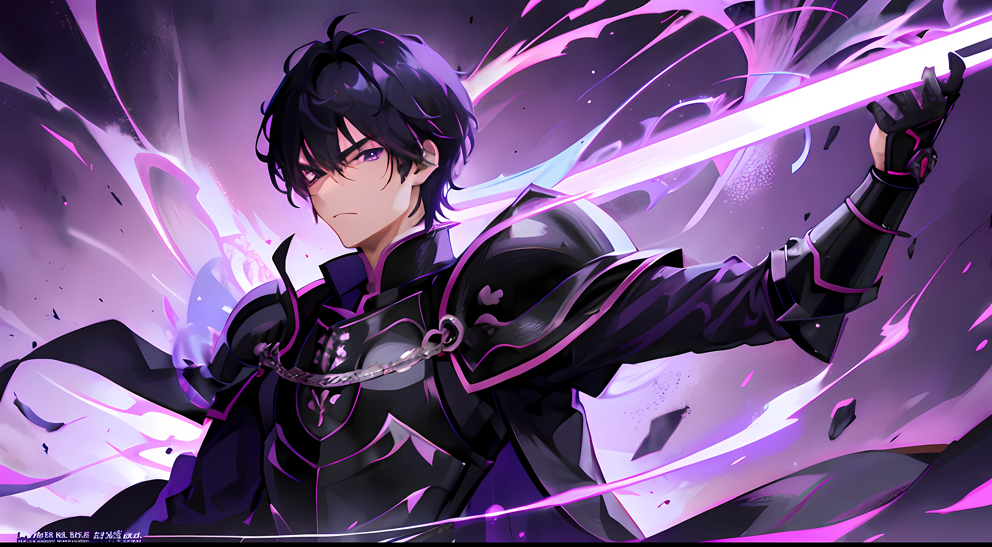 Asian anime male,ager, purple eyes , black outfit armor medieval, black hair anime asian, using magic and sword, top quality, 8k quality, handsome,cool,badass, demonic dark aura, no beard, no pixelated, ultra hd, no blur