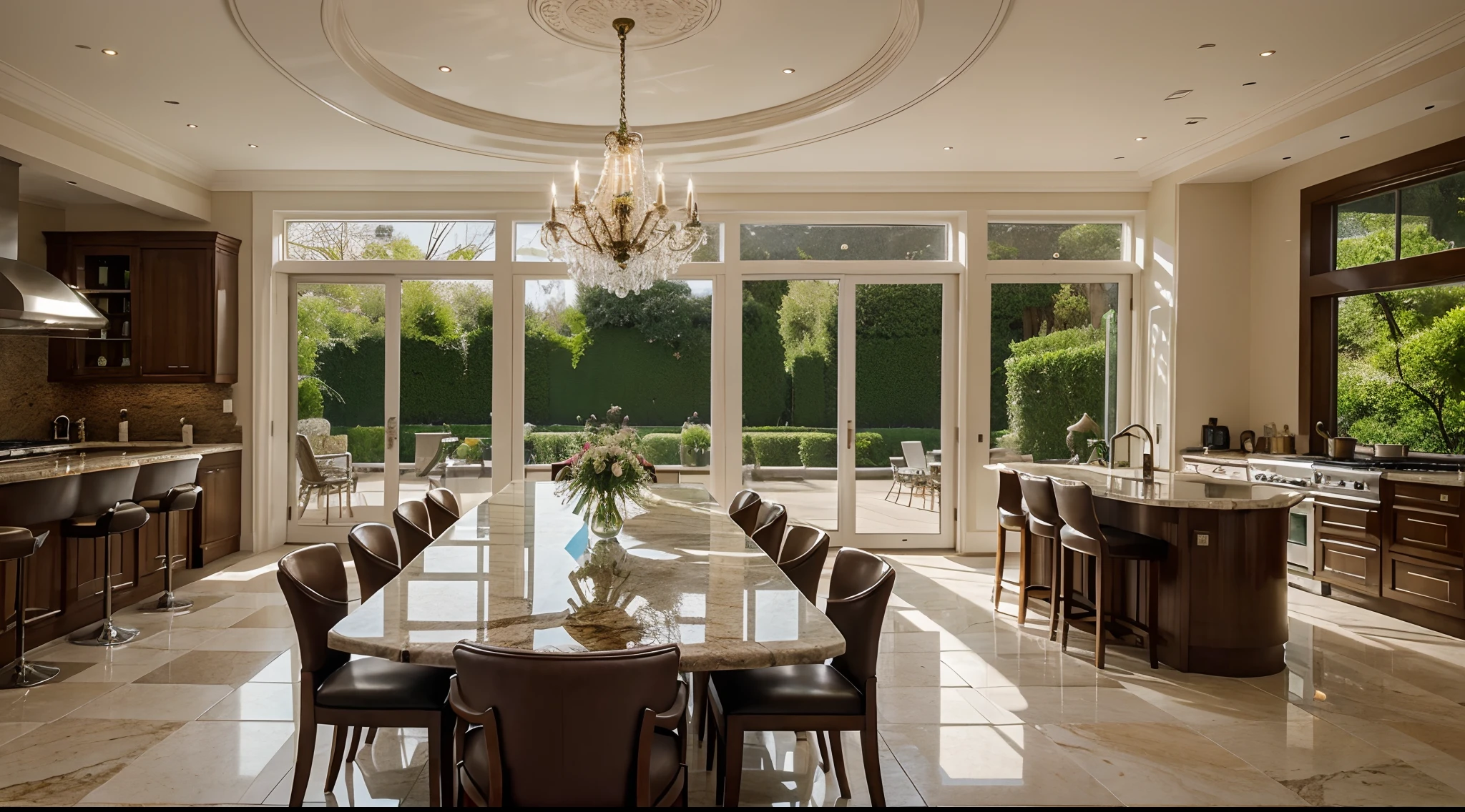 The gourmet kitchen is an oasis of functionality and beauty. Italian marble countertops, equipped with state-of-the-art appliances, offer a conducive environment for creating unforgettable gastronomic experiences. A central island with banquettes provides a space for informal dining, while the adjacent dining room, with a boldly designed table and sculptural chandelier, is the perfect spot for more formal occasions. Large picture windows offer stunning views of the lush garden.