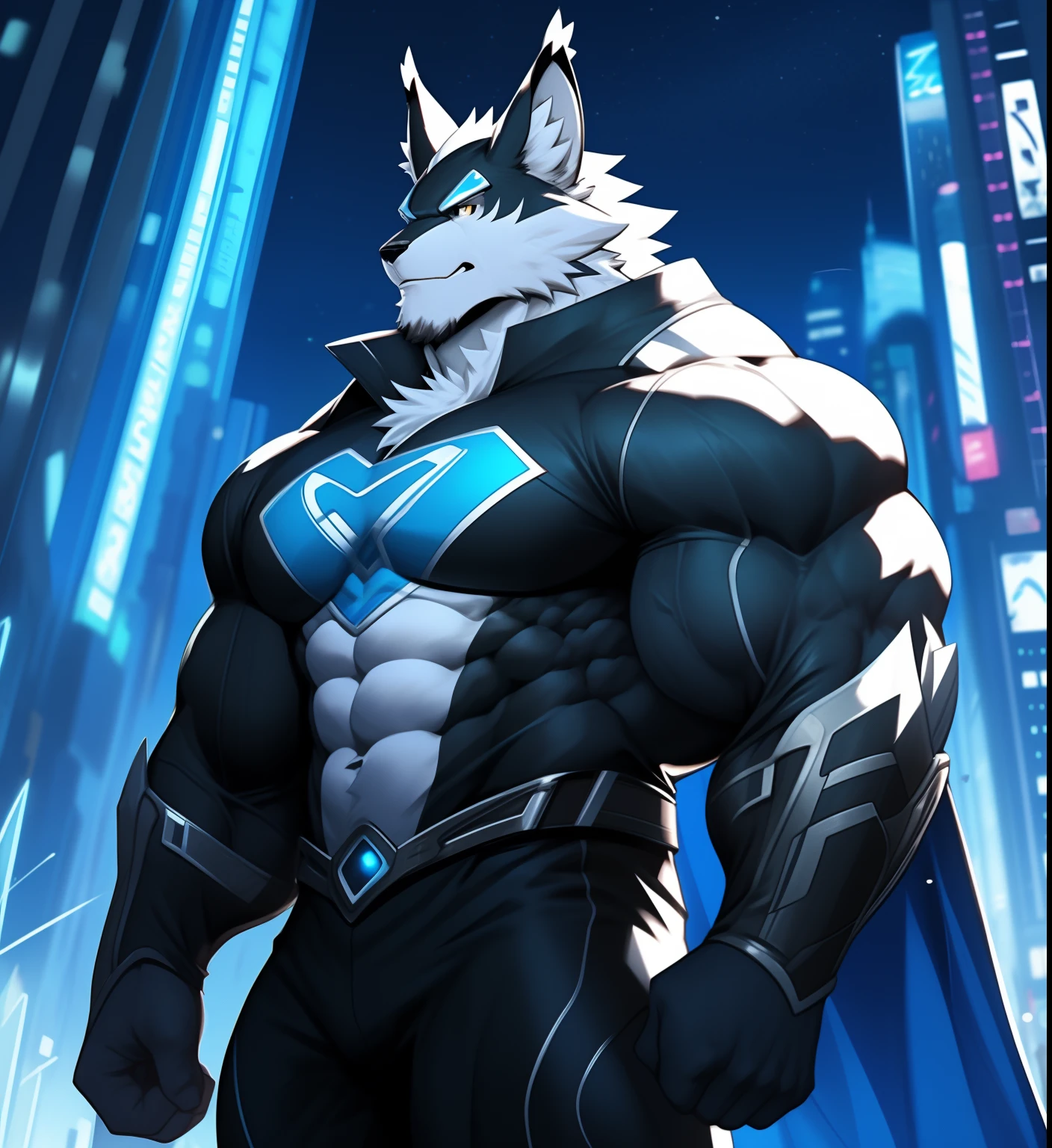 Antecedentes de la ciudad, Rascacielos, Futuristic city, Noche, Estrellas, Luces nocturnas, Leomon Gigachad, Superhero, hero, Nadaria, massive muscles, pectorales enormes, ABS cincelados, pectorales enormes, Exaggeratedly huge muscles. A furry hero whose presence inspires trust and respect. (((His hero costume is black and white.)))