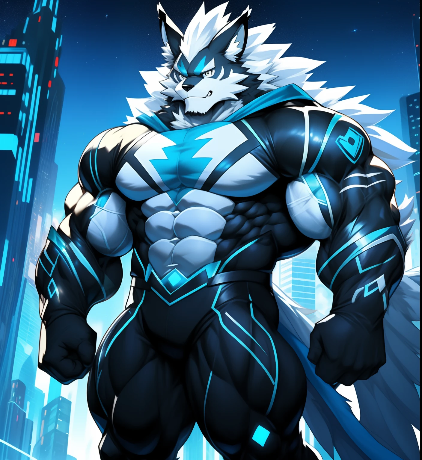 Antecedentes de la ciudad, Rascacielos, Futuristic city, Noche, Estrellas, Luces nocturnas, Leomon Gigachad, Superhero, hero, Nadaria, massive muscles, pectorales enormes, ABS cincelados, pectorales enormes, Exaggeratedly huge muscles. A furry hero whose presence inspires trust and respect. (((His hero costume is black and white.)))