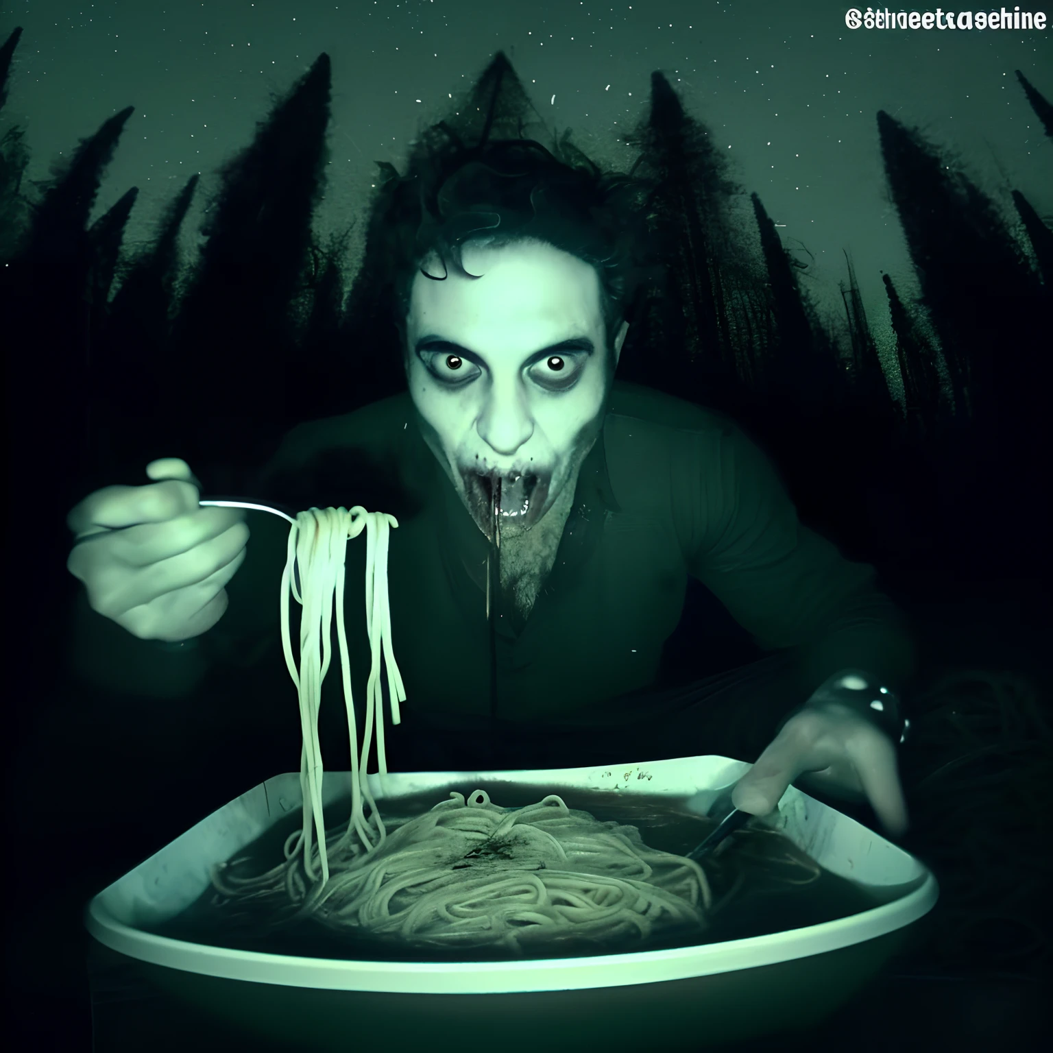 arafed man eating spaghetti with a fork in a bowl, creepy pasta, eating noodles, eating spaghetti, scary picture, about to consume you, very scary photo, eating camera pov, creepy!!, creepypasta, new album cover, scary photo, scary atmosphere, spaghetti monster, creepy!!!, nightmare fuel!!!, horror core, promo art, spaghettification