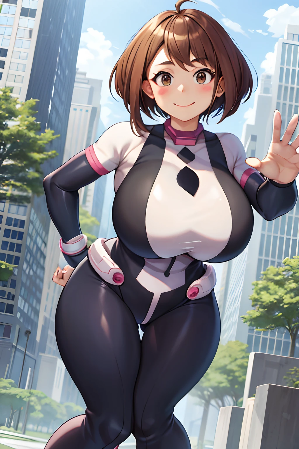 masterpiece, best quality, highres, hmochako, blush stickers, short hair, (((pixie cut 1.6))), huge breasts, superhero, bodysuit, boots, city, building, mid air, fighting stance, hand on hip, wide hips, thick thighs ((curvy)), latex suit, sexy, smile, sensual, (((mature female 1.5))), PBR textures, levitating