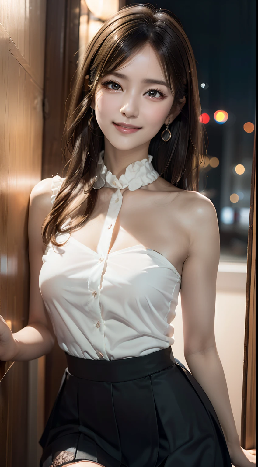 Idol, Masterpiece, Top Quality, Beautiful Face, Absurdity, HDR, (Cowboy Shot, White Ruffled Lace Mini Dress, White Collar, White Ruffle Cuff, Particles: 1.5), (Bloom, Glow: 1.4), (Smile), (Blonde Short, Yellow Eyes: 1.7), Sharp Focus, Photorealistic, High Resolution, Best Detailed, Ultra Detailed, Detailed Face and Eyes, Sharp Pupils, Realistic Pupils, Sharp Focus, Glossy Skin, (Black Corset: 1), (Dark Studio, Dark Background: 1.5), Rim Lighting, Dynamic and Cinematic Lighting, (((Skirt Lift: 1.3)))), ((White Panties Visible))),