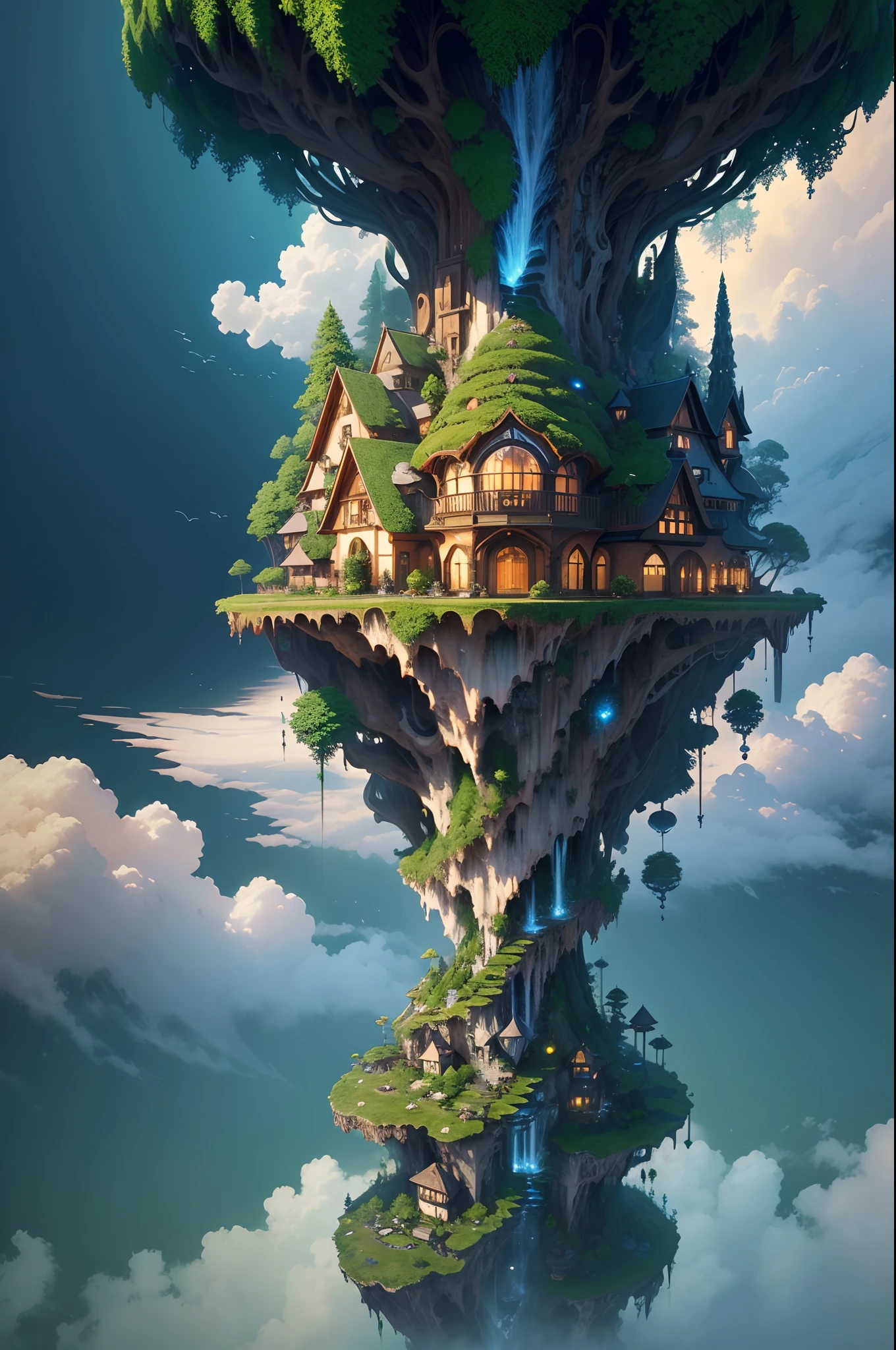 Masterpiece, top quality, best quality, official art, beautiful and aesthetic:1.2, extreme detailed, (fractal art:1.3) Soar to a skyborne utopia, the Floating Island Haven. Your cozy cottage is perched high above the world, surrounded by cascading waterfalls and lush gardens. Here, you live above the clouds, in a sanctuary of tranquility