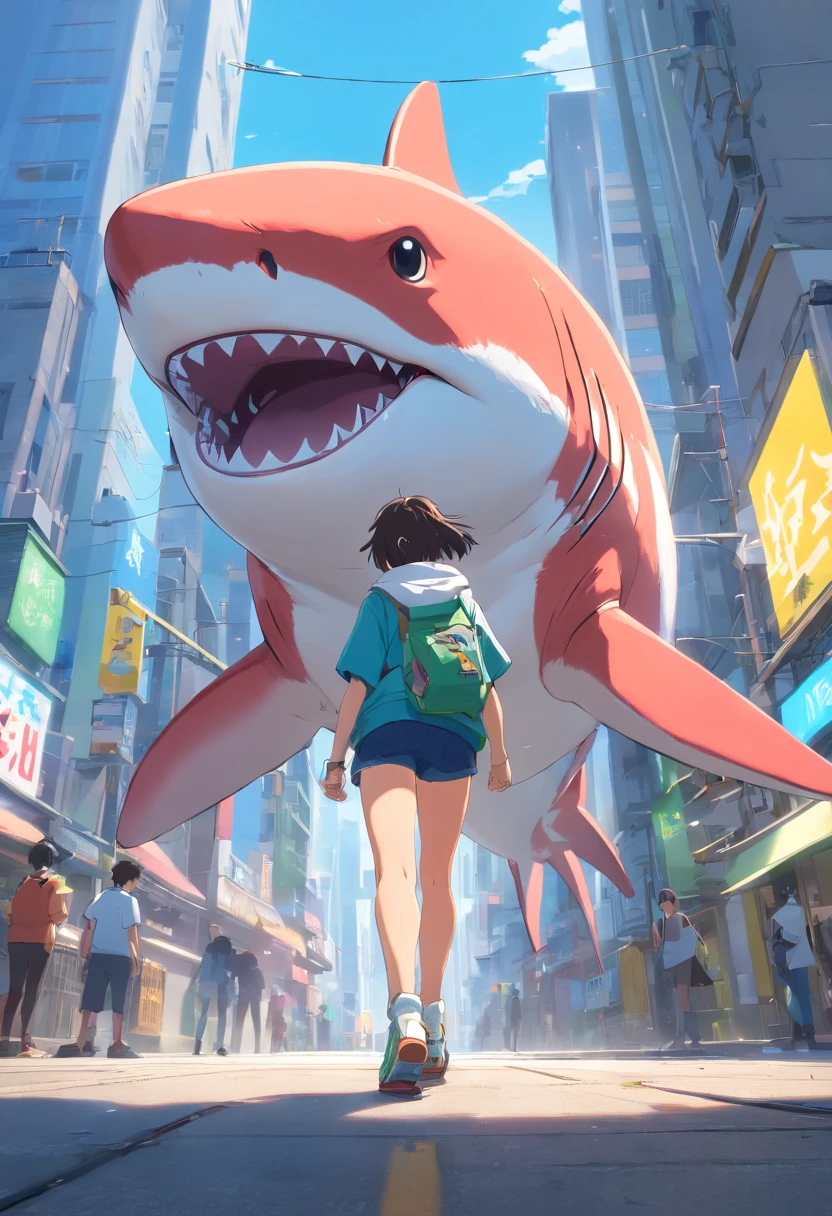 ((foto crua)), ((obra-prima)), Anthropomorphic humanoid shark wearing streetwear clothes, andando furiosamente entre as pessoas, detalhe intrincado, intricate Greebles pieces, city behind, corpo musculoso, (large muscles), muscular arms, (small head), Ogro monstruoso, Titan soft lighting, Hiper realista, soft-lighting, Ambiente sinistro