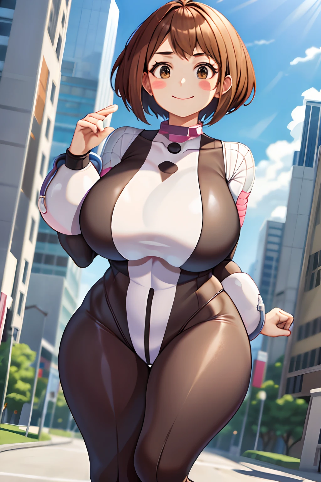 masterpiece, best quality, highres, hmochako, blush stickers, short hair, (((pixie cut 1.6))), huge breasts, superhero, bodysuit, boots, city, building, mid air, fighting stance,  hand on hip, wide hips, thick thighs ((curvy)), latex suit, sexy, smile, sensual, (((mature female 1.5))), PBR textures, levitating