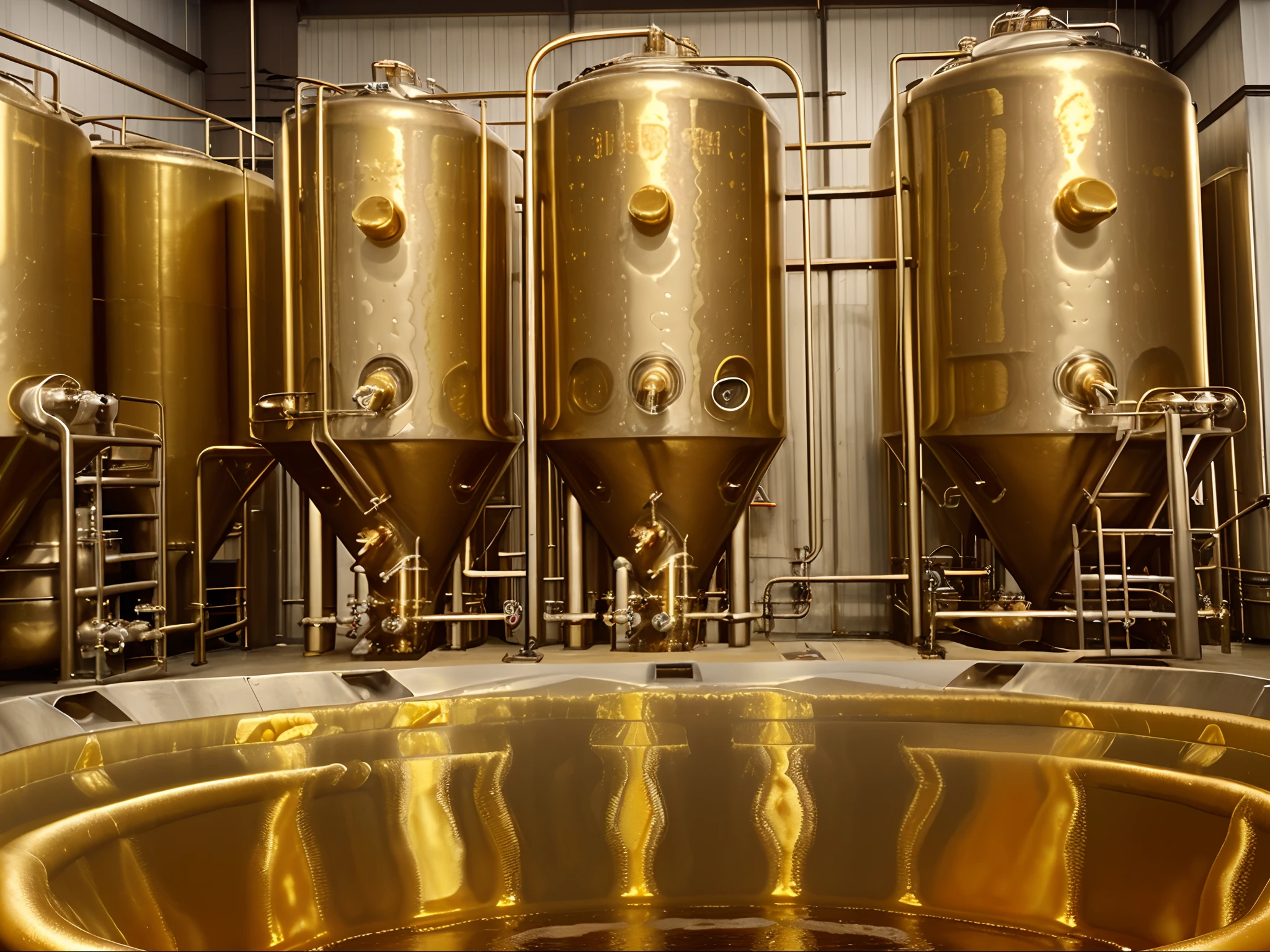 A brewery's fermentation tanks producing a golden, bubbling brew.