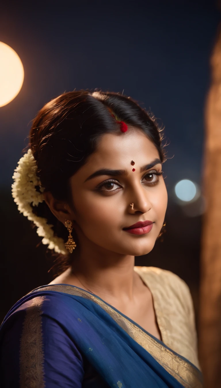 (best quality, ultra-detailed, realistic:1.37), vibrant colors, soft lighting, moon night, South Indian women, Diya, detailed skin, twin braided