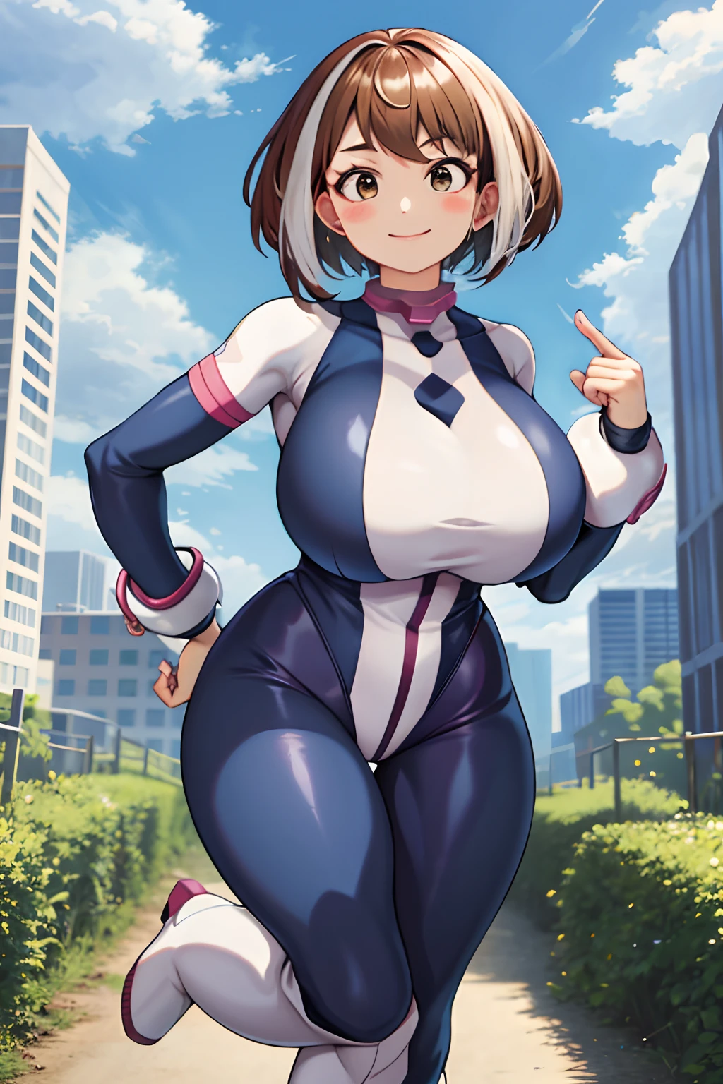 masterpiece, best quality, highres, hmochako, blush stickers, short hair, (((pixie cut 1.6))), huge breasts, superhero, bodysuit, boots, sky, building, mid air, fighting stance,  hand on hip, wide hips, thick thighs ((curvy)), latex suit, sexy, smile, sensual, (((mature female 1.5))), PBR textures, levitating
