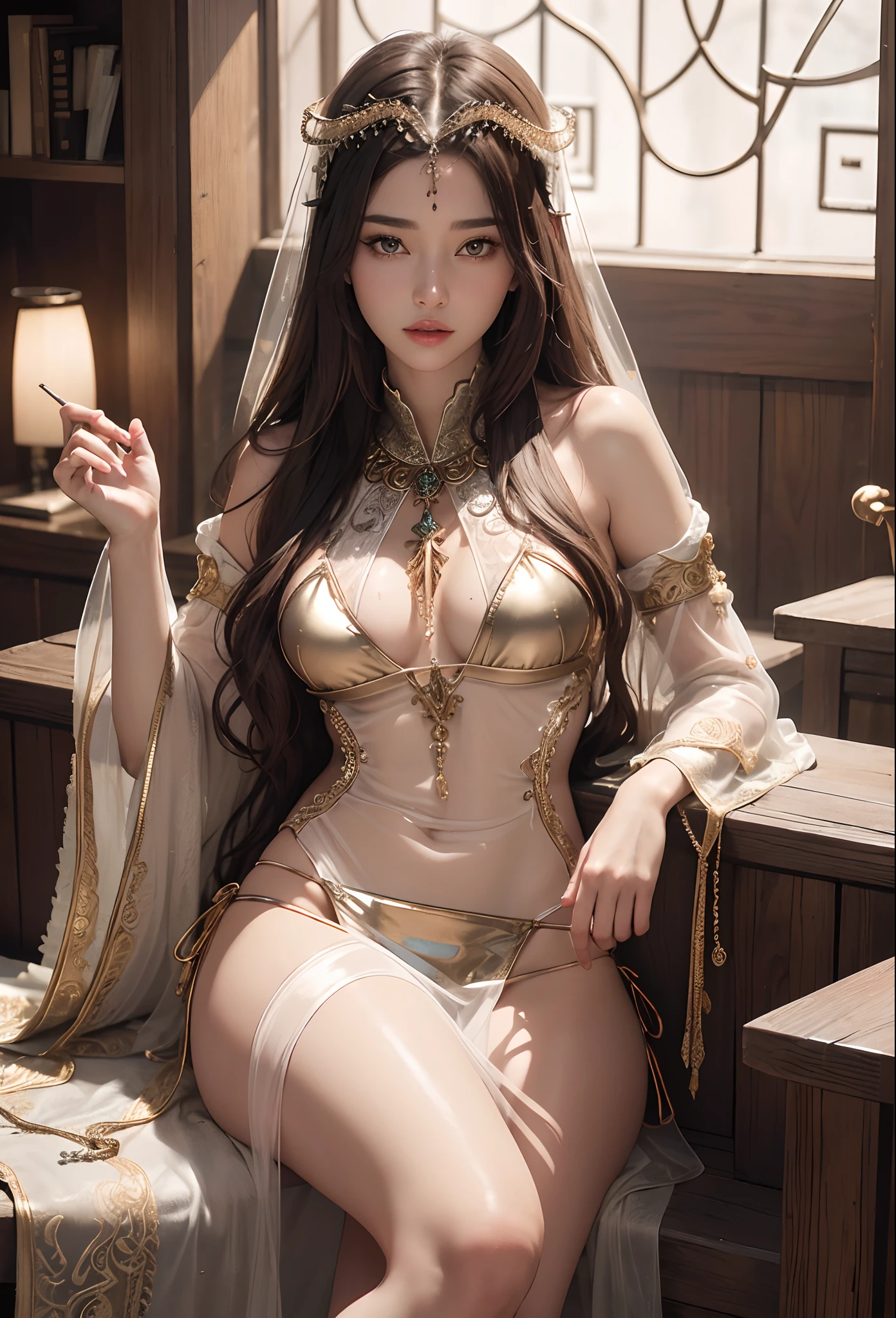 offcial art, Unity 8k wallpaper, Ultra detailed, Beautiful detailed, Best quality, Masterpiece, Beautiful and aesthetic, Masterpiece, Best quality, (Fractal art:1.3), ulzang-6500-v1.1, (RAW photo:1.2), (Photorealistic:1.4), Portrait of the most beautiful girl, Very detailed eyes and face, Beautiful detailed eyes, Super detailed, high resolution, ((Priestess)), (headdress), ((Clear bronze bikini)), ((See-through dresses)), ((Intricate details)), (complex clothing), full bodyesbian, Voluptious body, Medium breasts, Slim legs, ((Extremely sexy)), (((Erotic)))