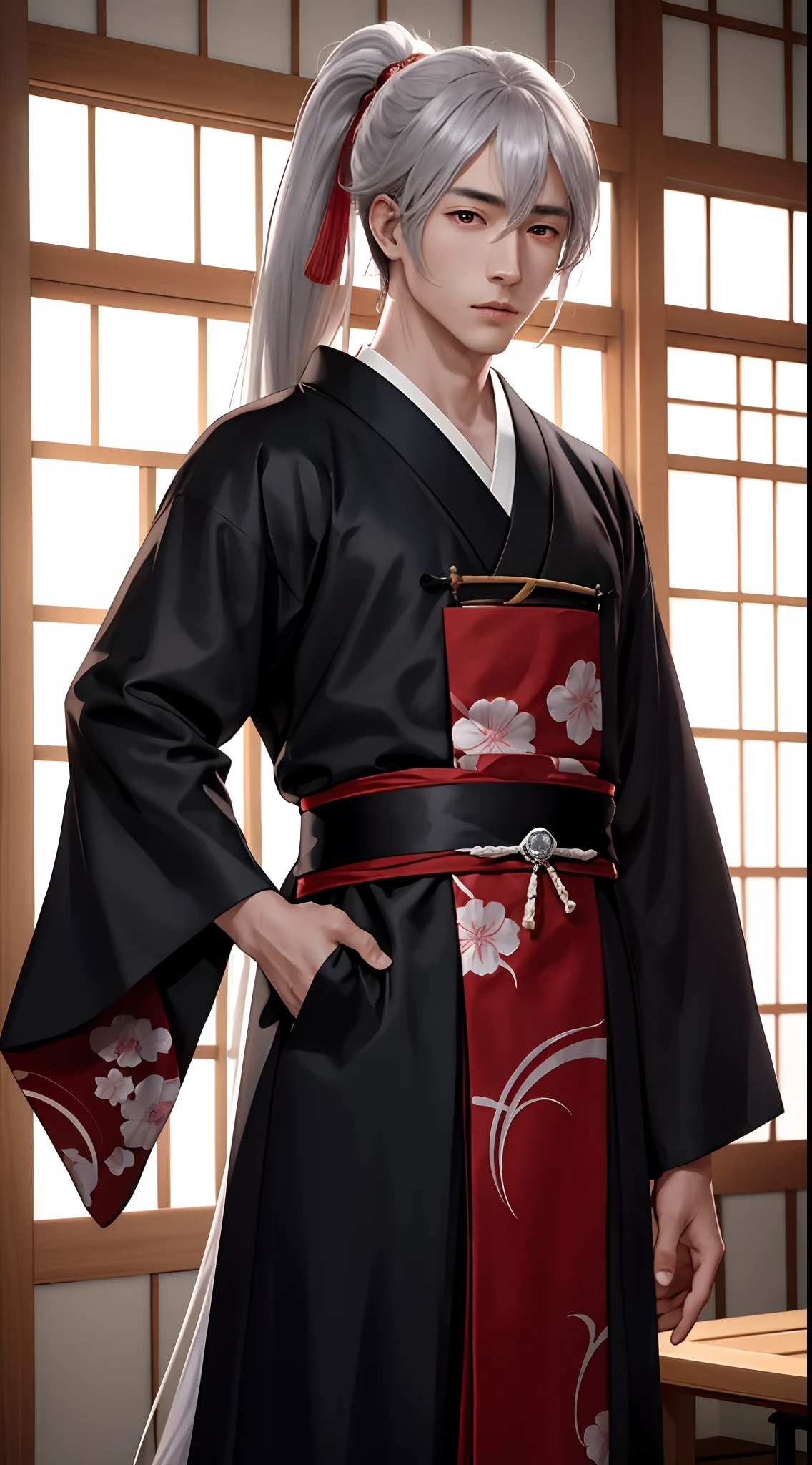 Japanese anime、Young men、silber hair、poneyTail、Deacon service、red eyes