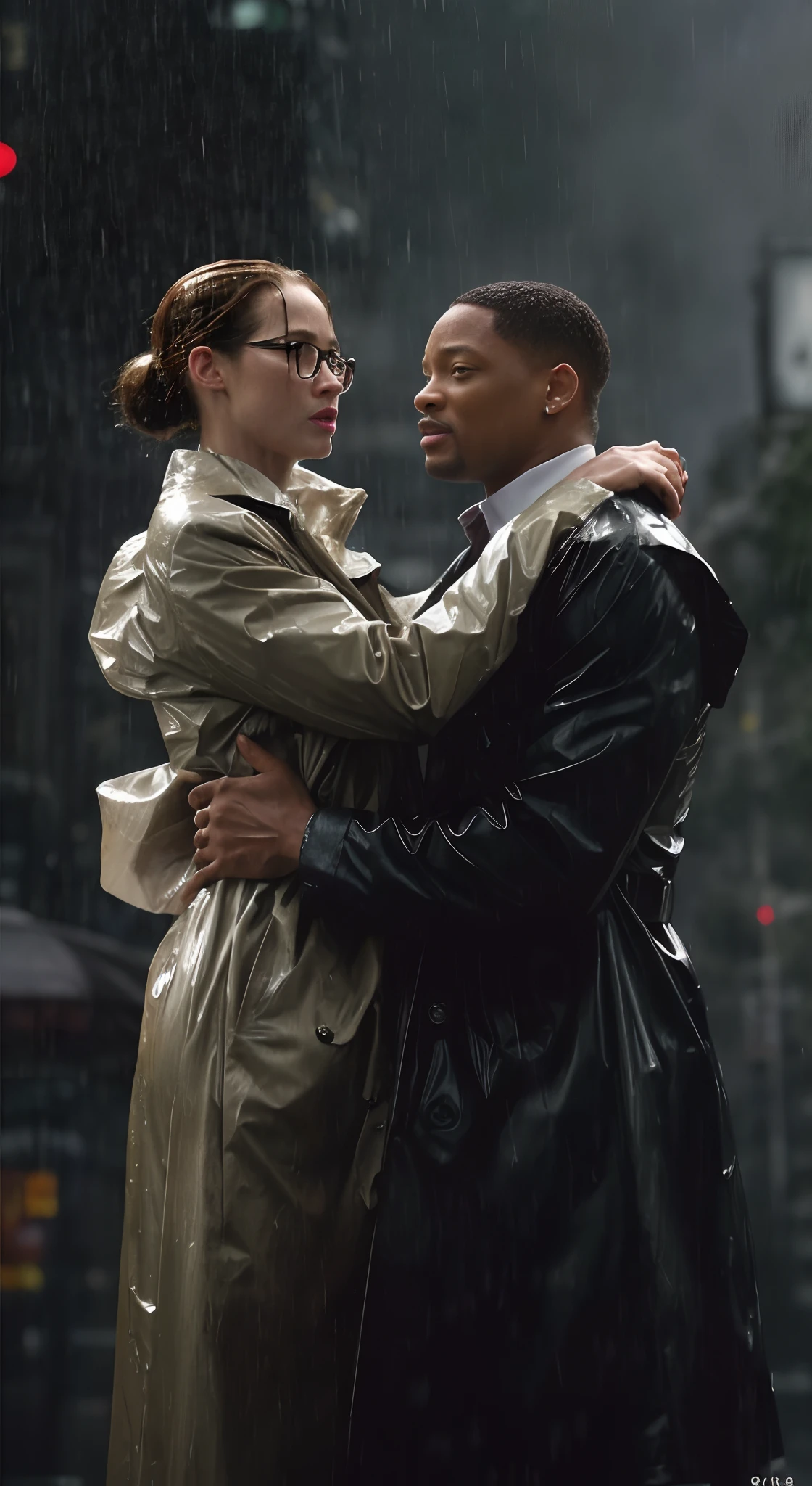 (Movie Premiere Poster 1.6),very heavy rain,Rained,Wet clothes,wet face,Delicate glasses,delicated face,urban backdrop,((Movie Premiere Poster 1.8,)), Will Smith(Will Smith)Reunite with your lover after a long absence in the rain,