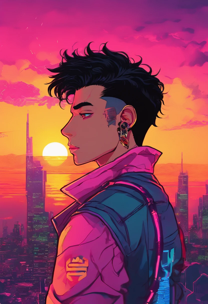 Boy, teenage, short hair, black hair, he looks at the horizon, the sunset in the background, his eyes are black